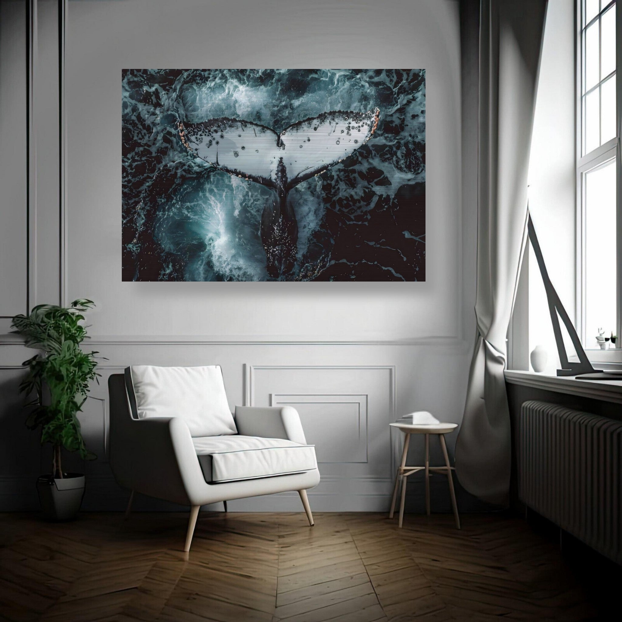 Humpback whale tail photo on brushed metal print, showcasing marine beauty and intricate details against ocean waves.