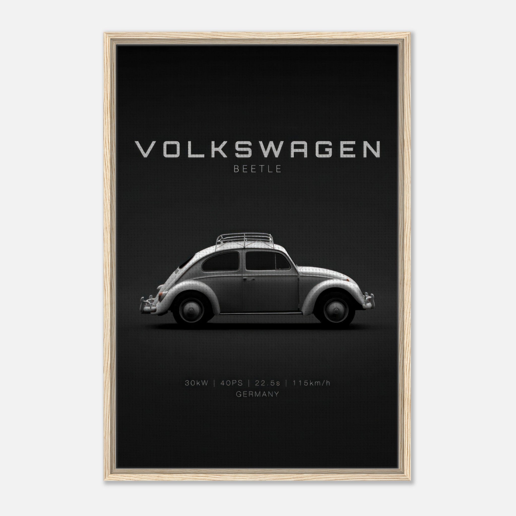 Framed canvas artwork of a classic Volkswagen Beetle on a sleek black background with vintage typography.