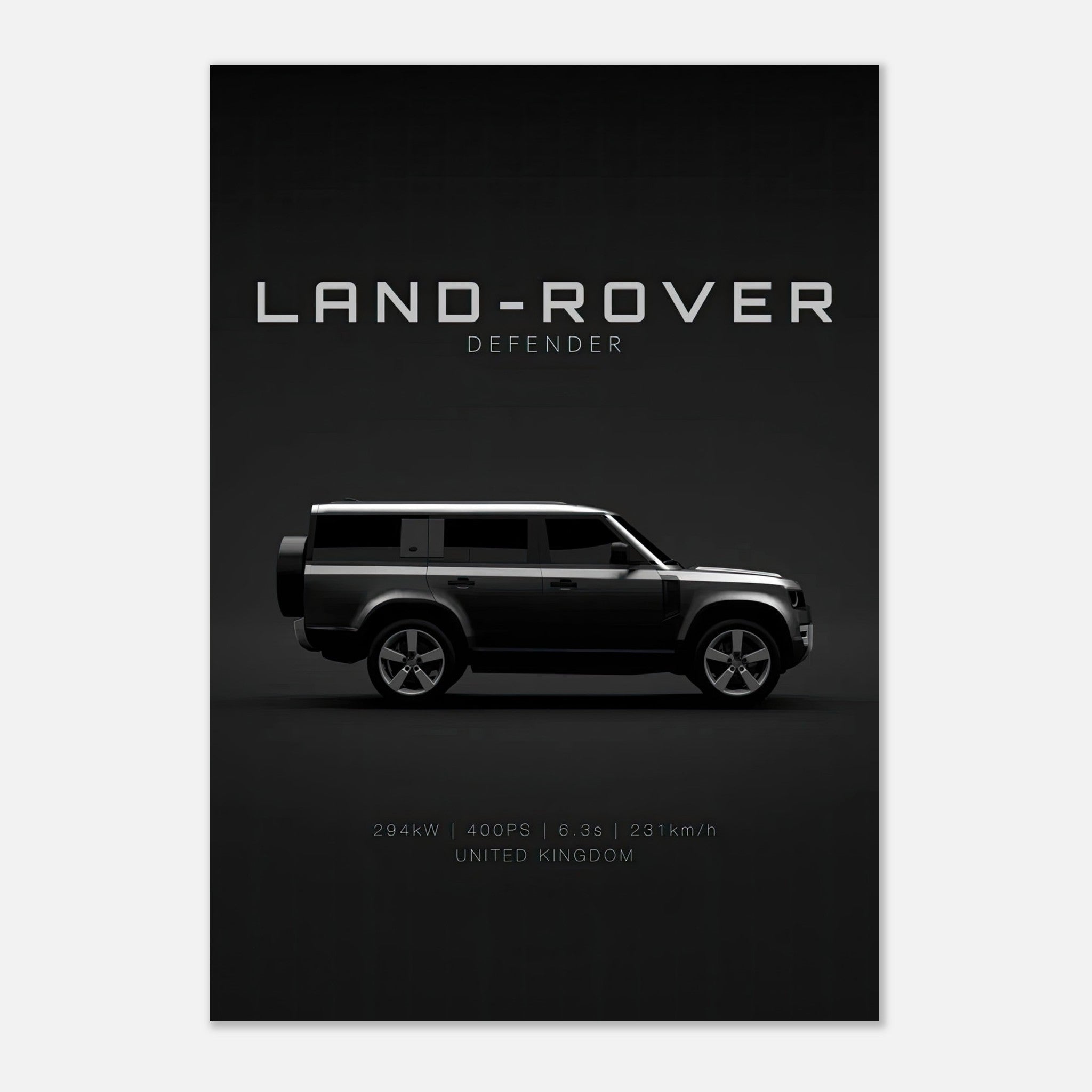 Land Rover Defender metal print showcasing sleek design on a bold black background, perfect for wall decor.