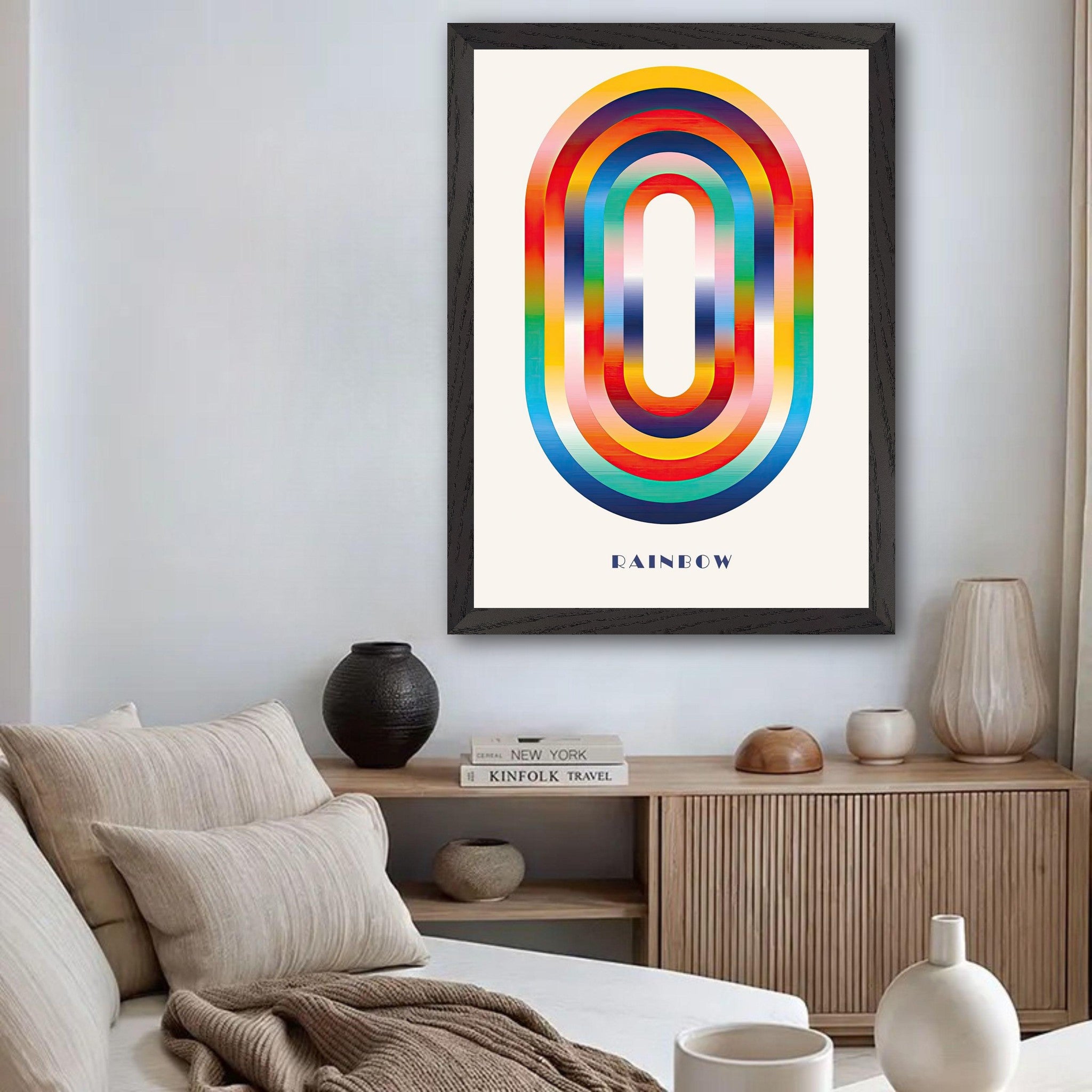 Abstract rainbow geometric art vintage framed print enhancing modern living room decor with vibrant colors.