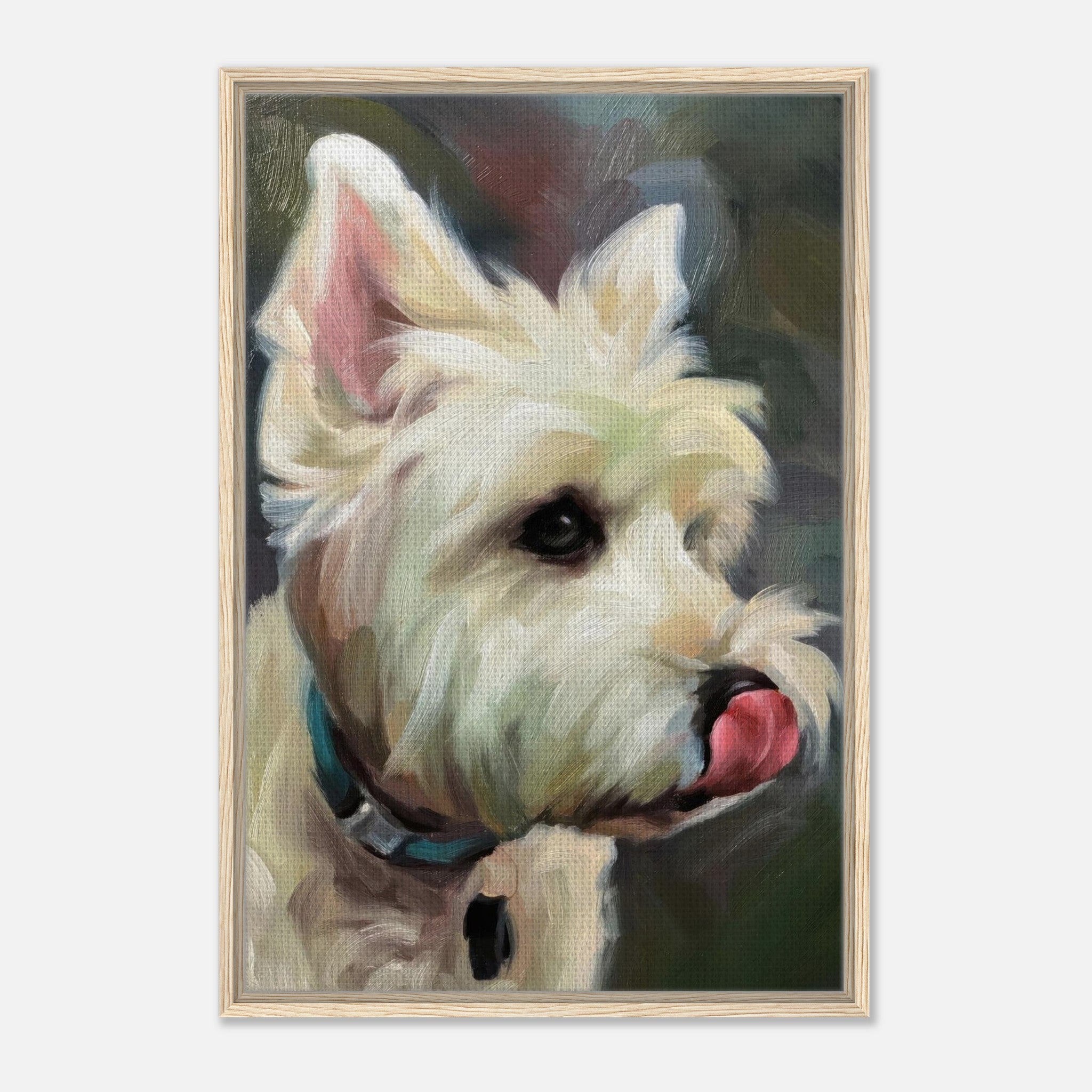 Framed canvas print of a West Highland White Terrier with playful expression and vibrant colors.
