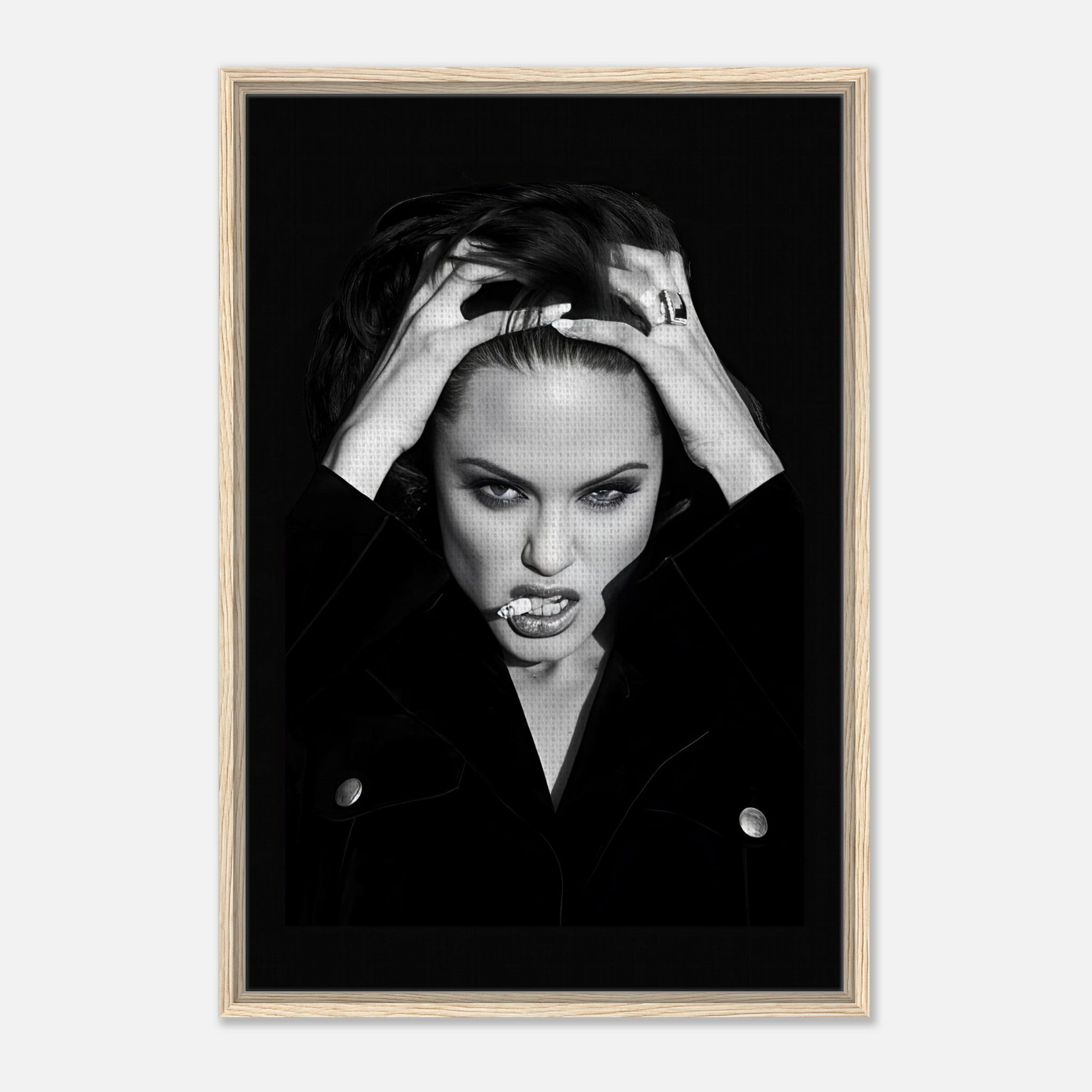 Angelina Jolie Smoking Framed Canvas Print showcasing elegance and rebellion with vibrant black and white details.