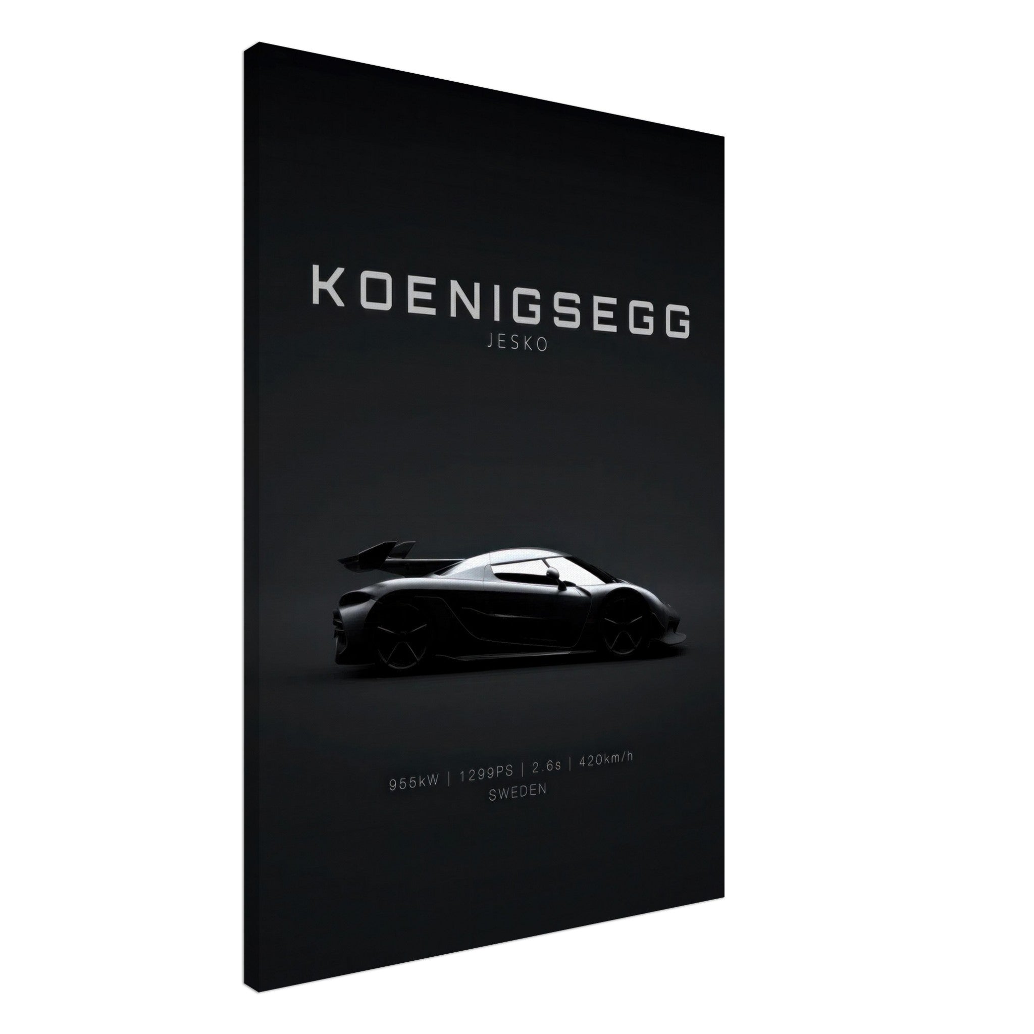 Koenigsegg Jesko canvas art showcasing sleek hypercar silhouette on a minimal black background.