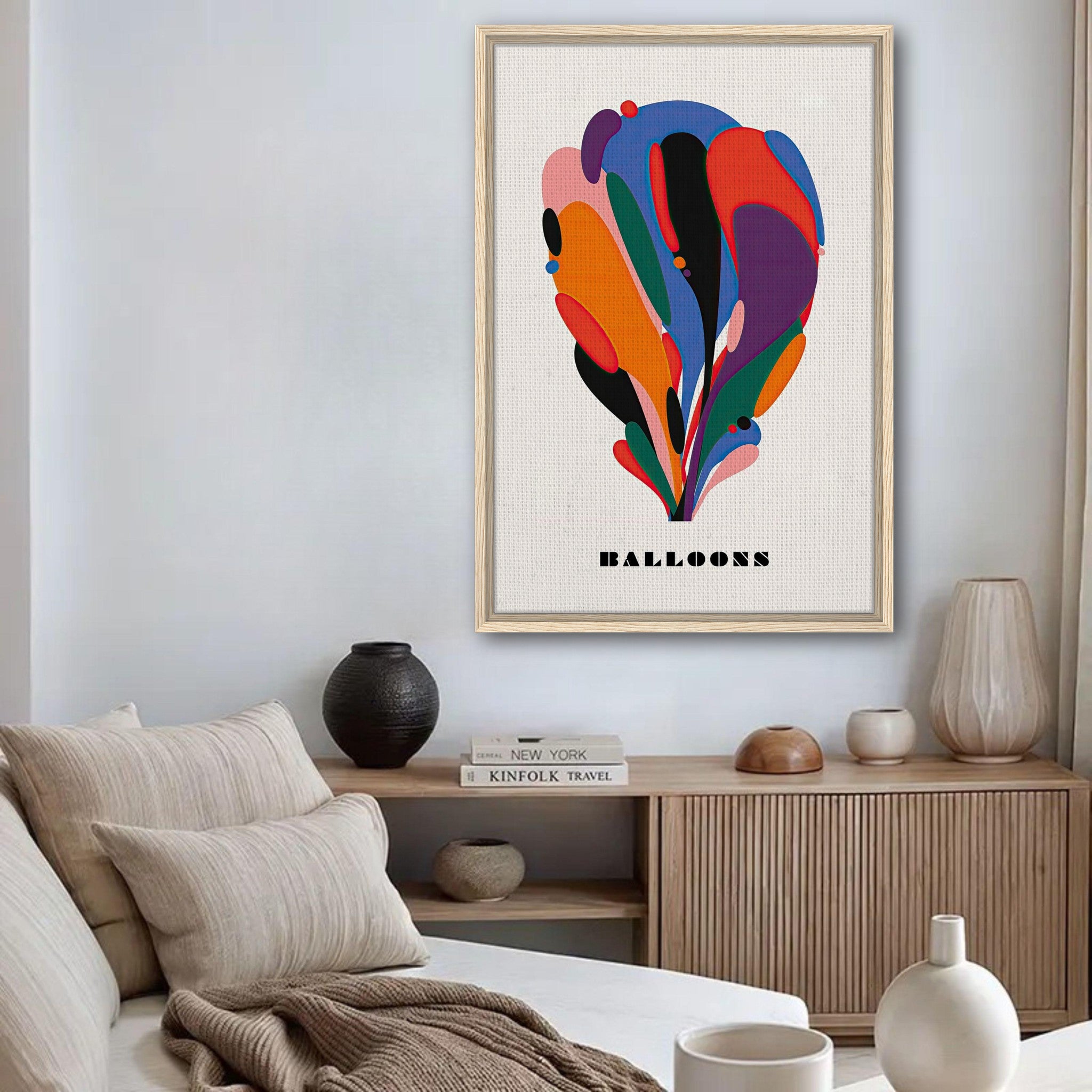 Vibrant abstract balloon art framed canvas print in modern living room decor with colorful hues.