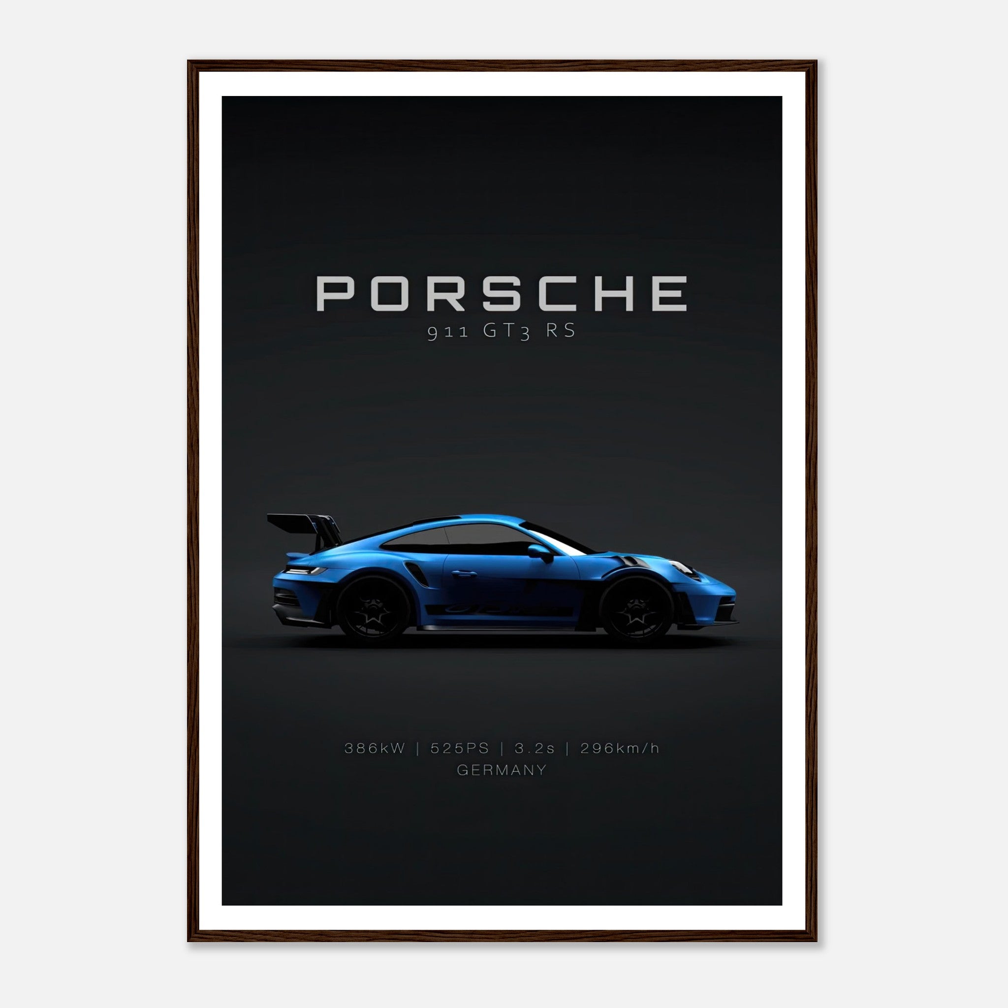 Framed poster of Porsche 911 GT3 RS showcasing its elegance and specs on a dark background.