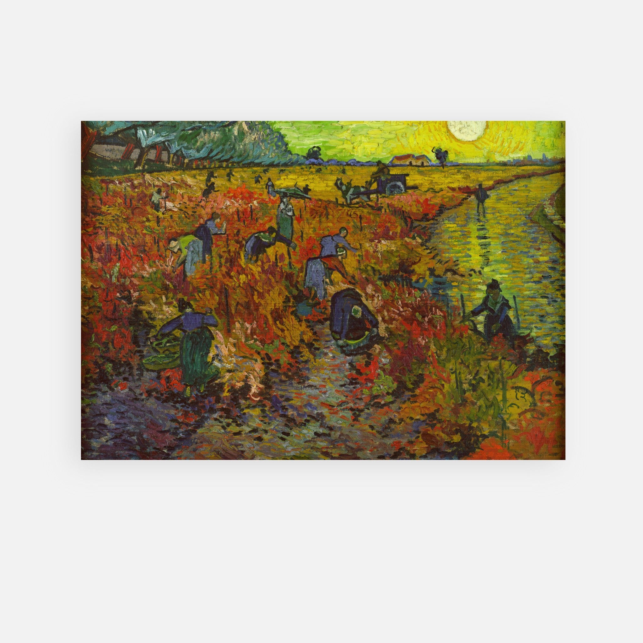 The Red Vineyard by Van Gogh on brushed metal, showcasing vibrant autumn colors and dynamic brushstrokes.