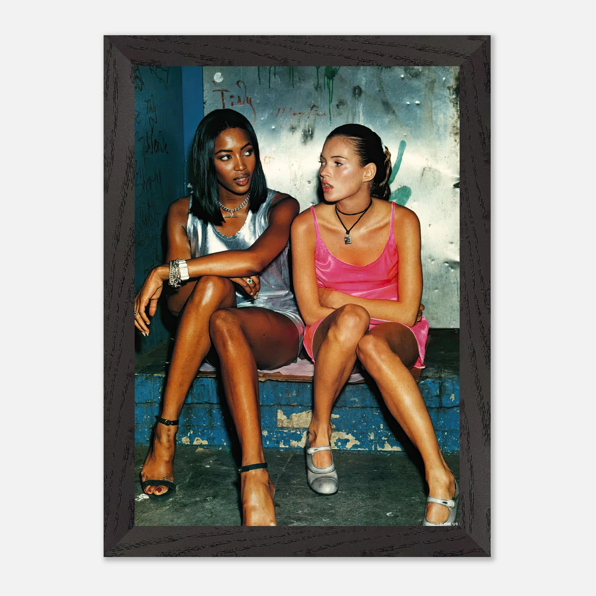 Naomi Campbell and Kate Moss vintage framed print capturing 90s supermodel glamour and edgy style.