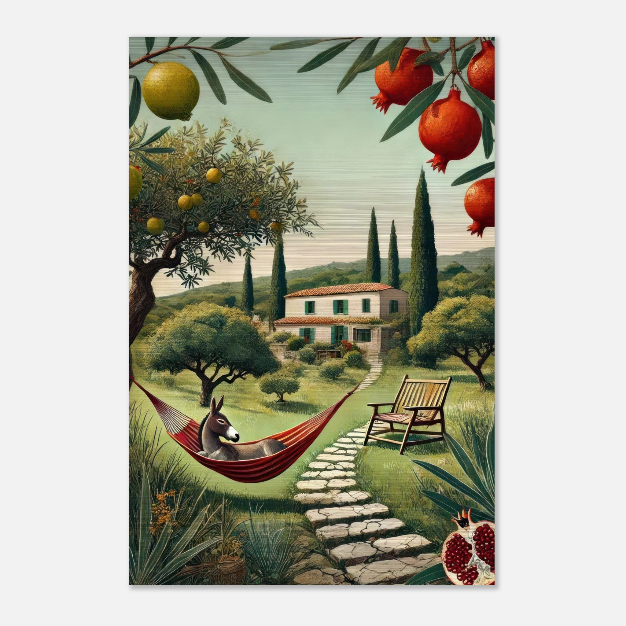 Mediterranean rural landscape with a donkey in a hammock, olive trees, pomegranates, and a charming stone path.