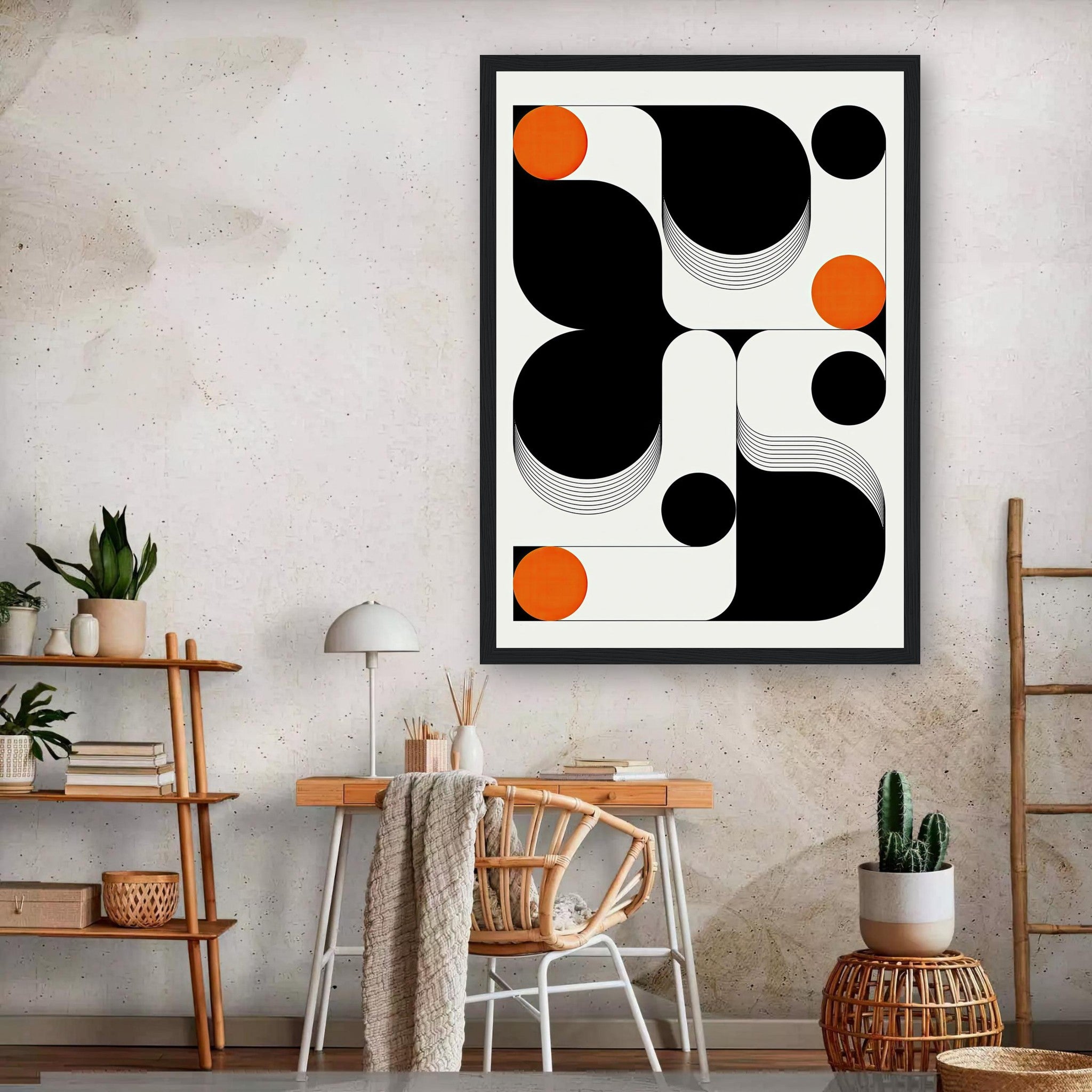 Modern geometric abstract art print in black, white, and orange, framed for stylish home decor.