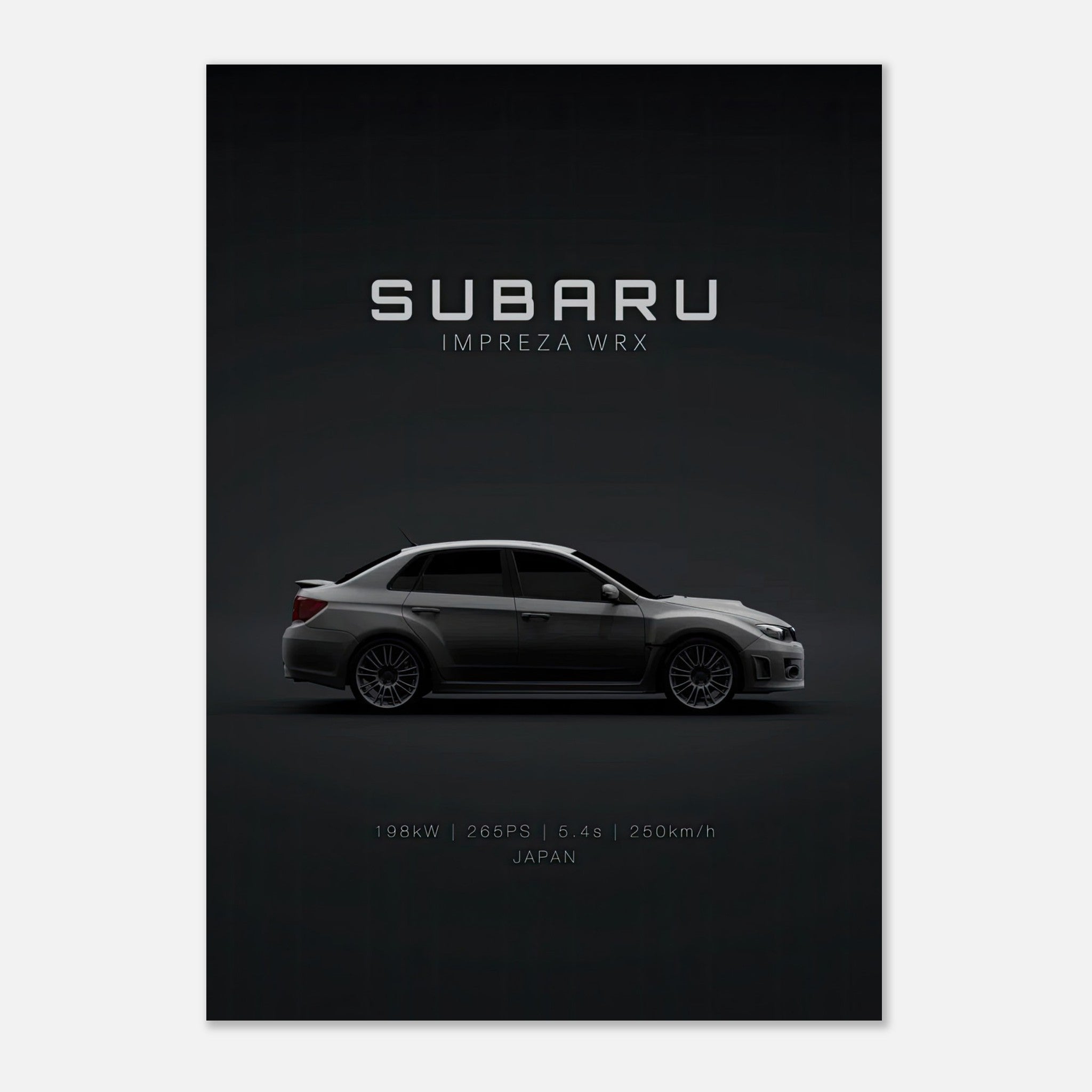 Subaru WRX poster featuring sleek car design, specifications 198kW, 265PS, 5.4s 0-100 km/h on dark background.