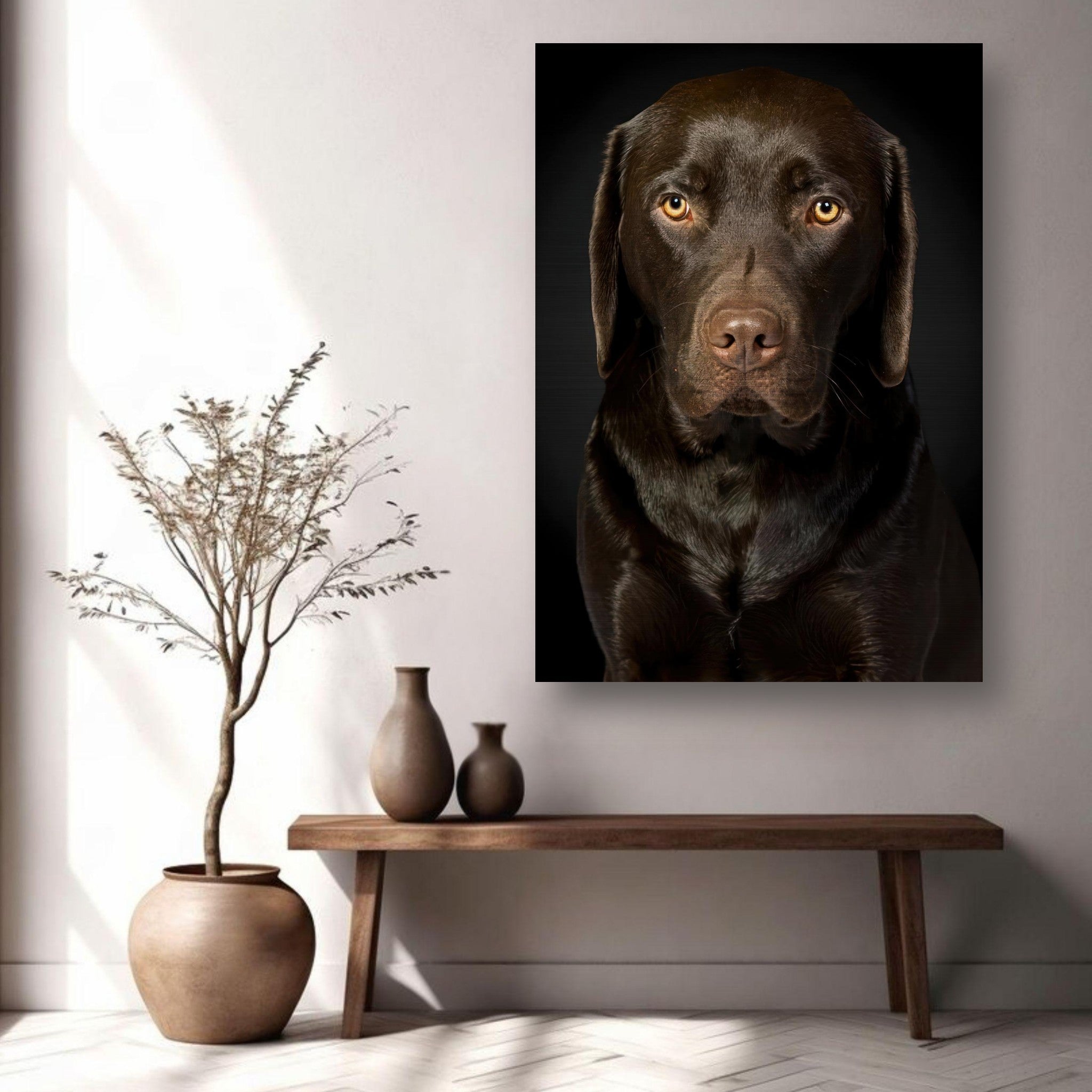 Stunning Chocolate Labrador portrait on brushed metal print, showcasing loyalty and beauty in modern decor.