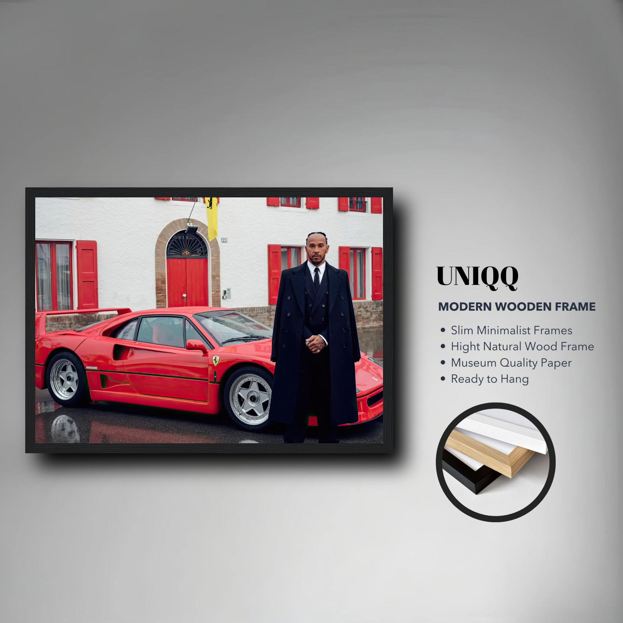 Lewis Hamilton in front of a Ferrari F40, framed print showcasing automotive excellence and sophistication.