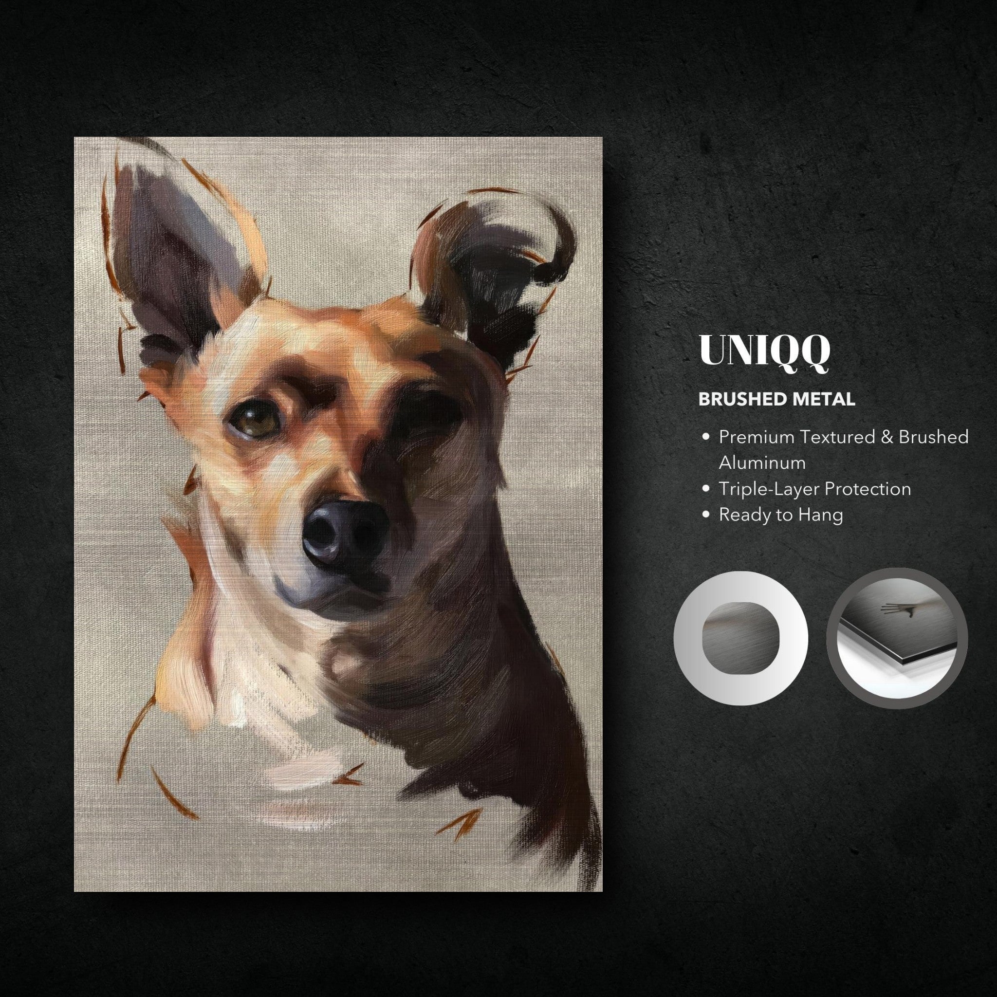 Chihuahua dog painting on brushed metal, showcasing vibrant colors and detailed portrait, perfect for home decor.