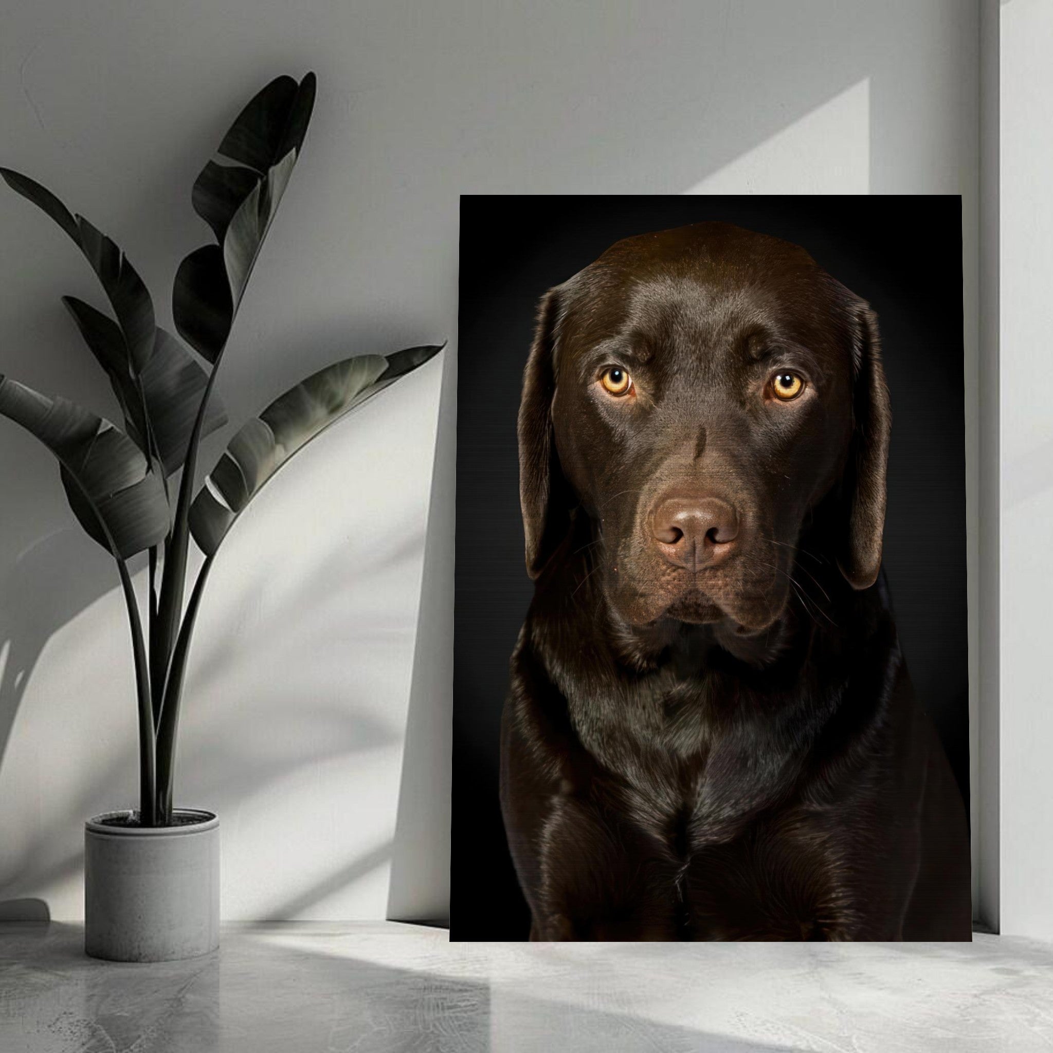 Chocolate Labrador portrait on brushed metal print with soulful gaze, modern decor in light-filled room.