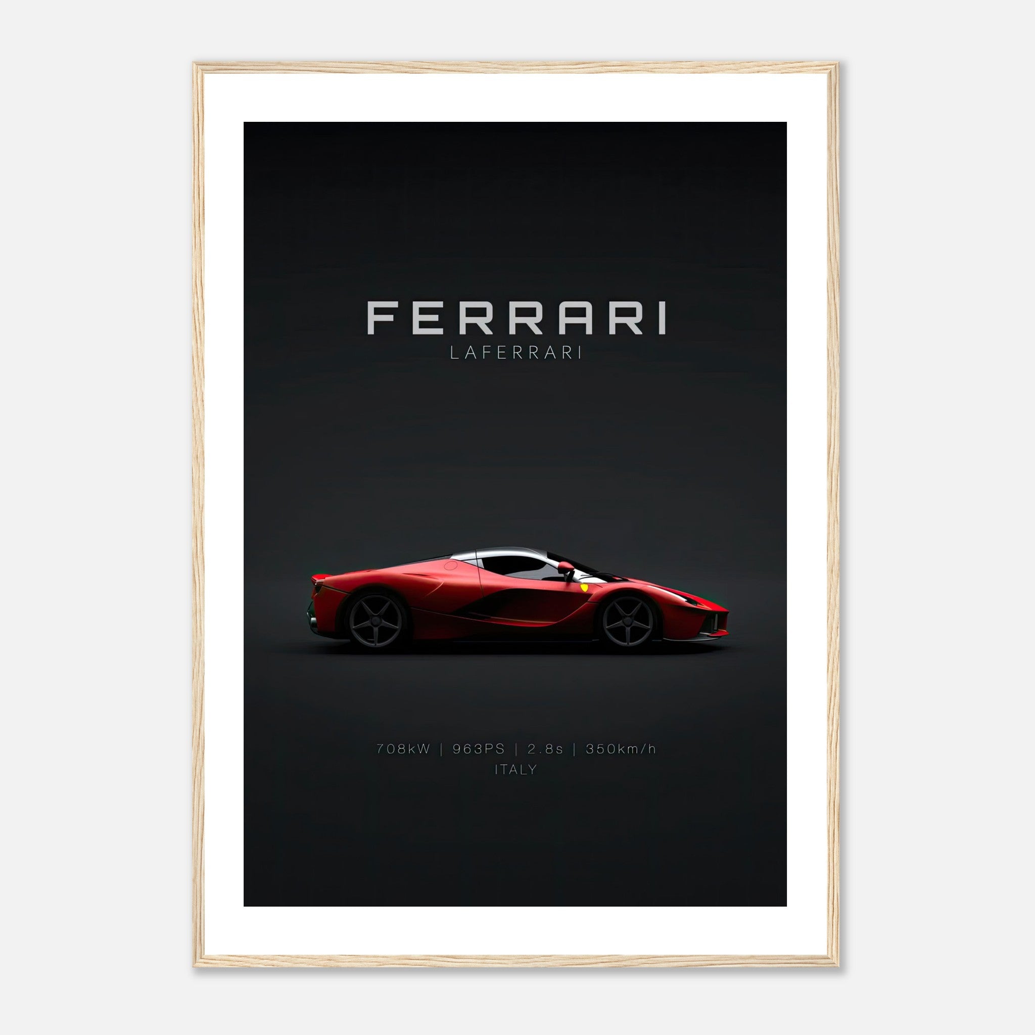 Ferrari Laferrari framed poster featuring sleek design and iconic red hypercar on a dark background.