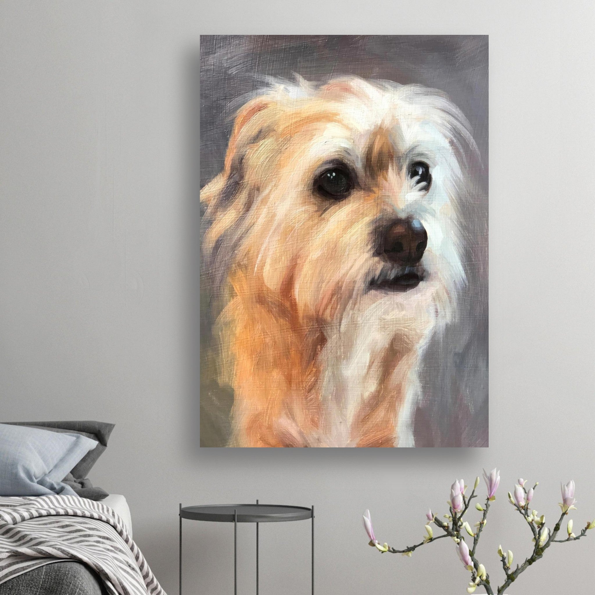 Lifelike terrier dog painting poster showcasing expressive eyes and warm colors, perfect for dog lovers' decor.