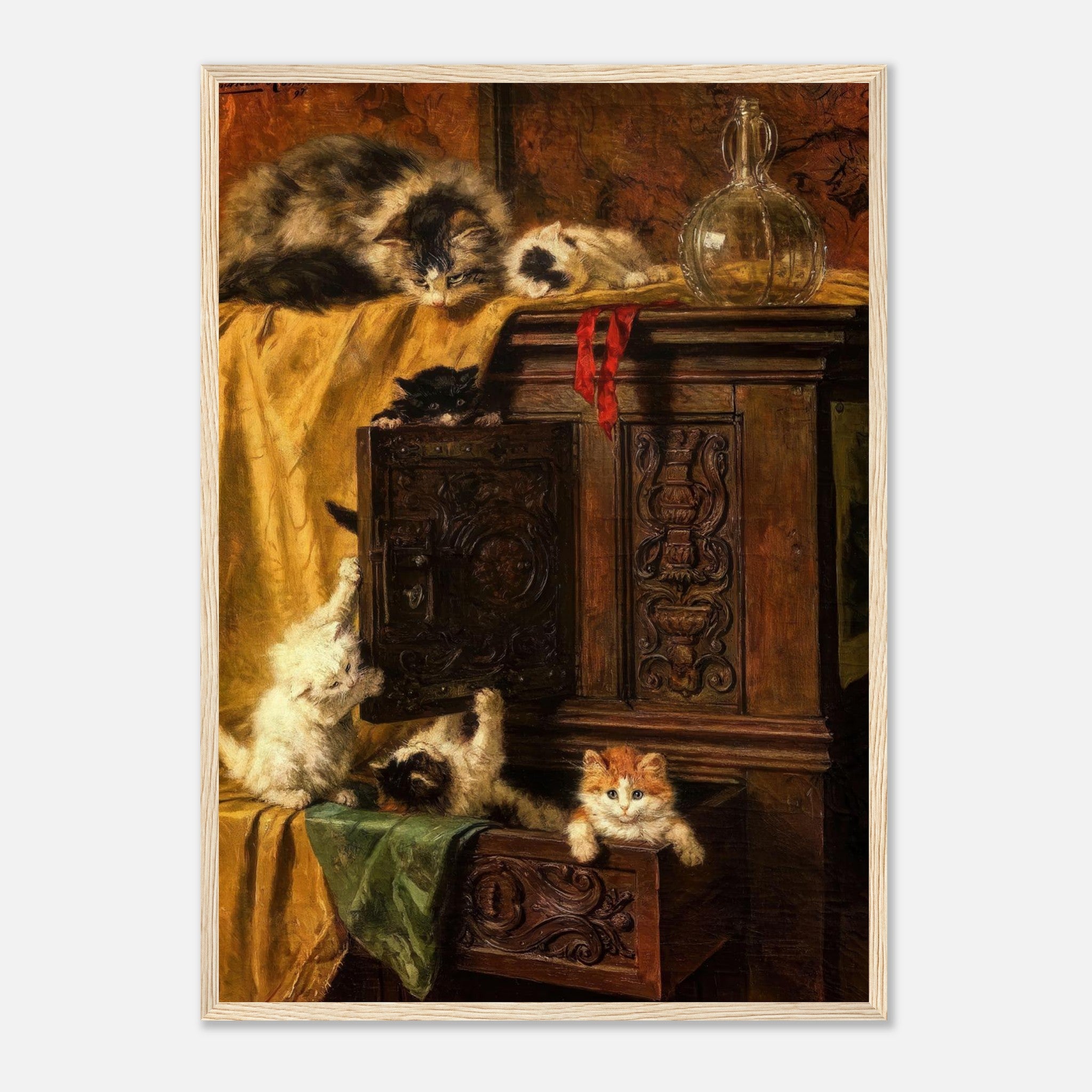 Vintage cat painting framed print featuring playful kittens exploring an antique cabinet.