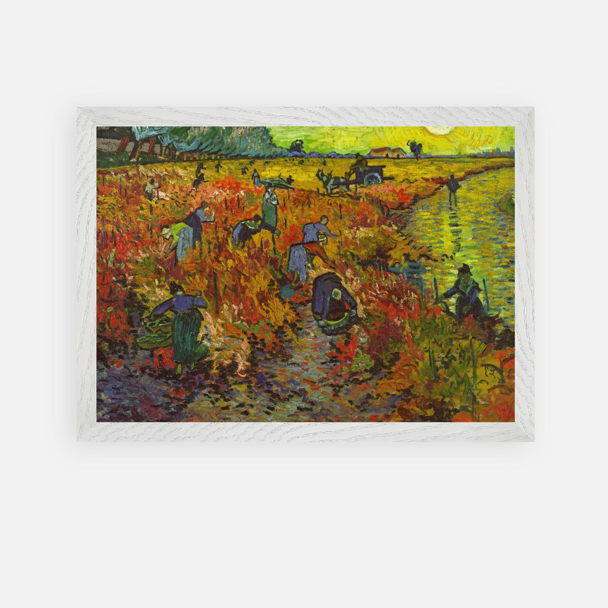 The Red Vineyard by Van Gogh framed art print showing grape harvesters in autumn landscape.