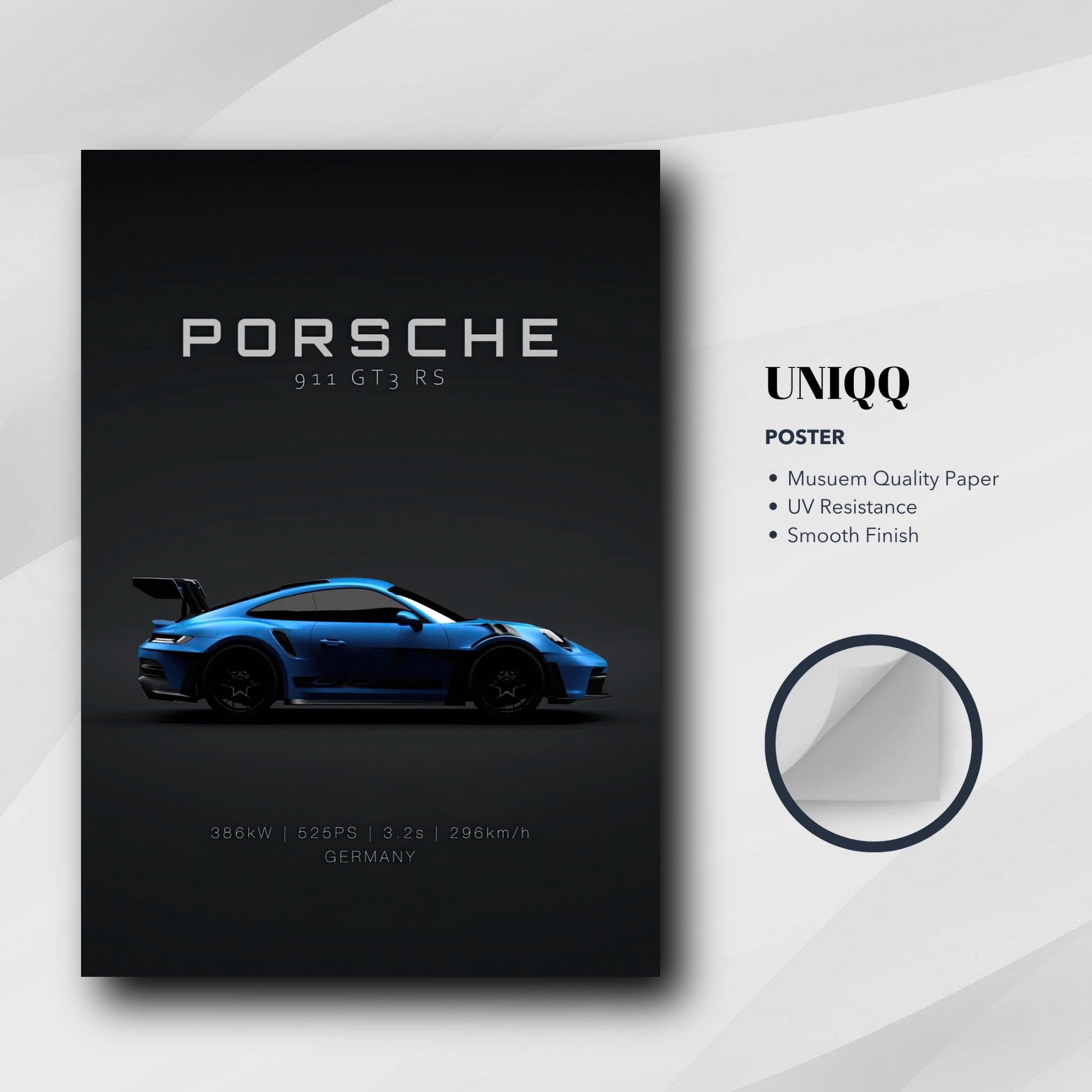 Porsche 911 GT3 RS poster in blue on a black background, showcasing precision engineering and iconic design.