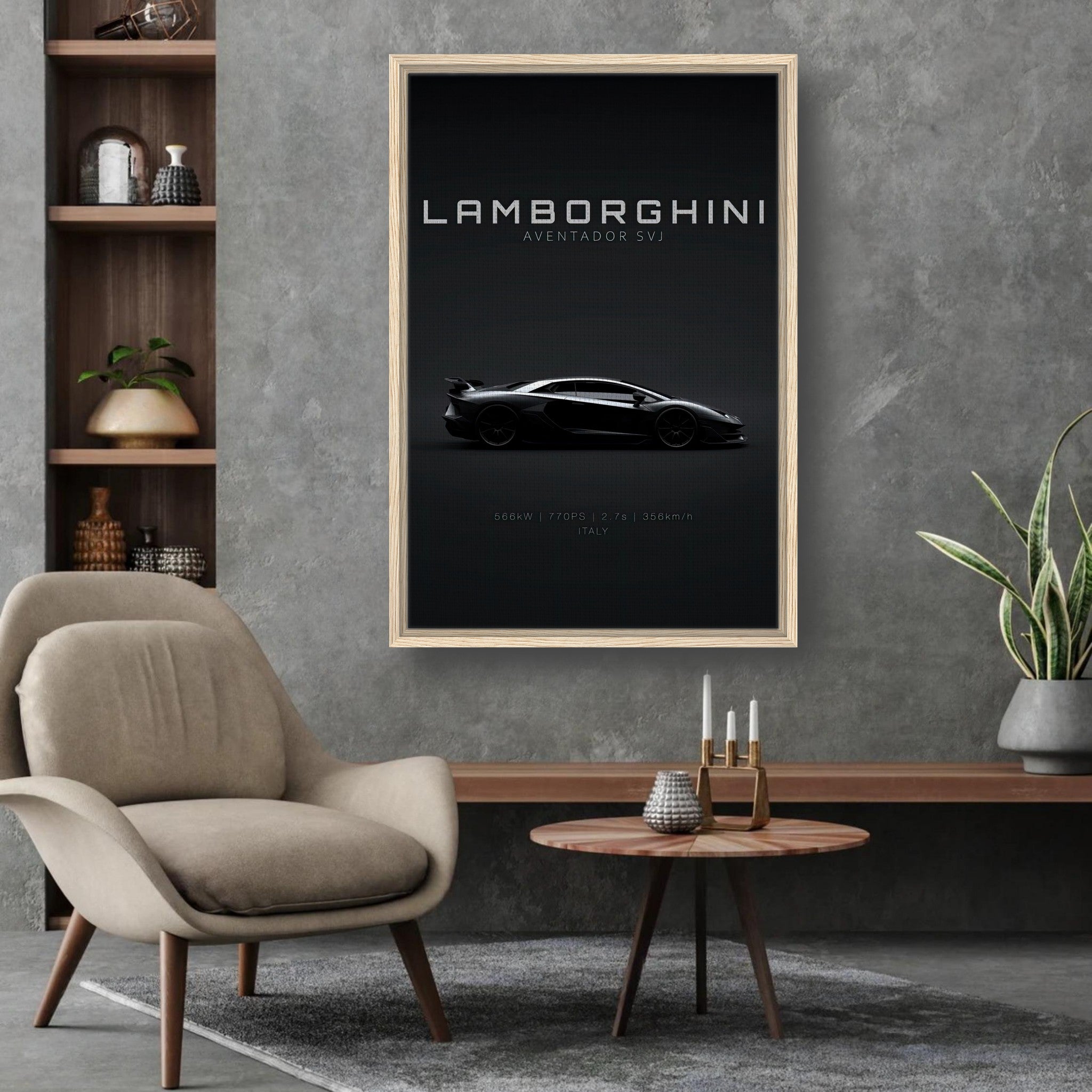 Lamborghini Aventador SVJ framed canvas artwork in a modern living room setting.