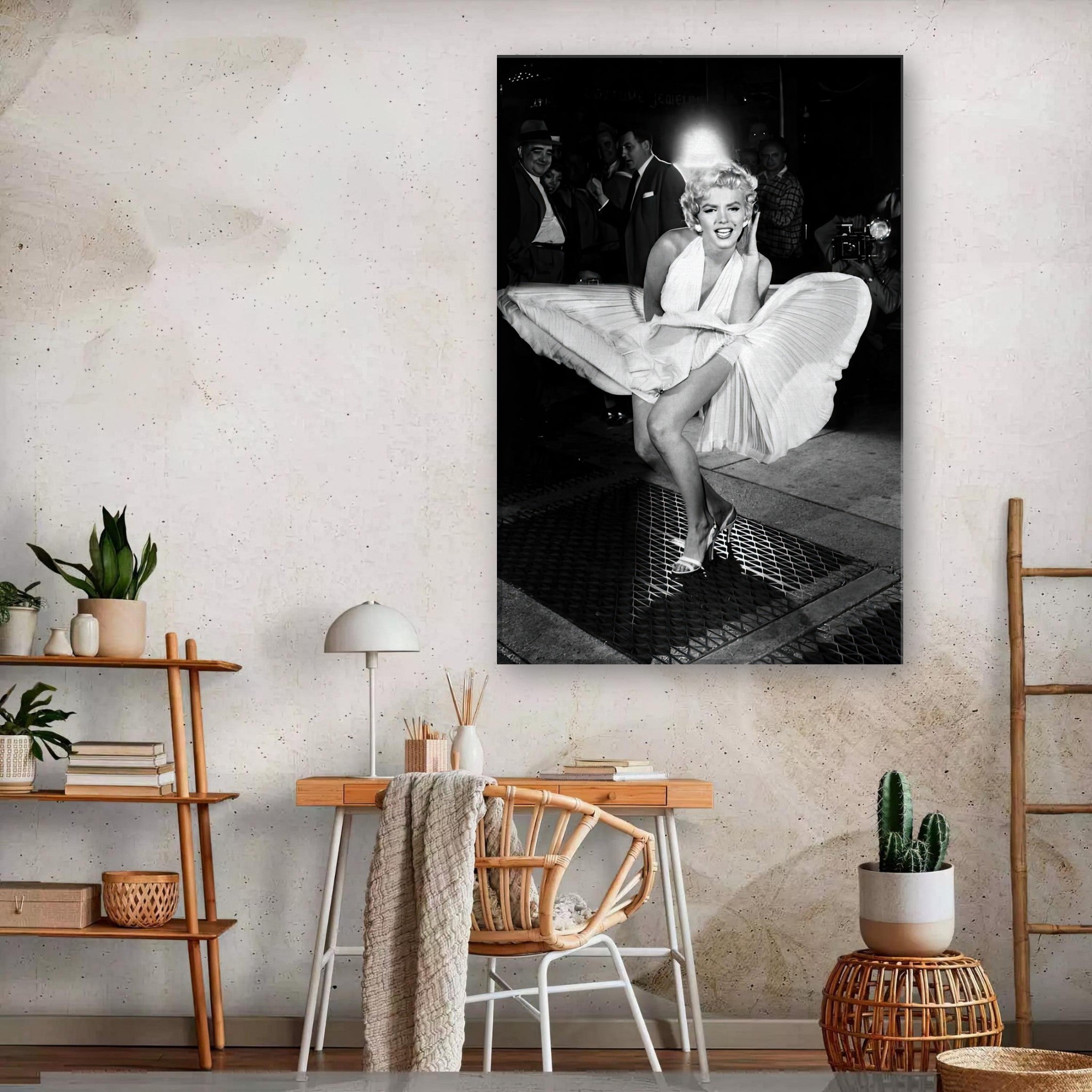 Marilyn Monroe in a white dress, playfully wind-blown, captured in a stunning black-and-white canvas print.