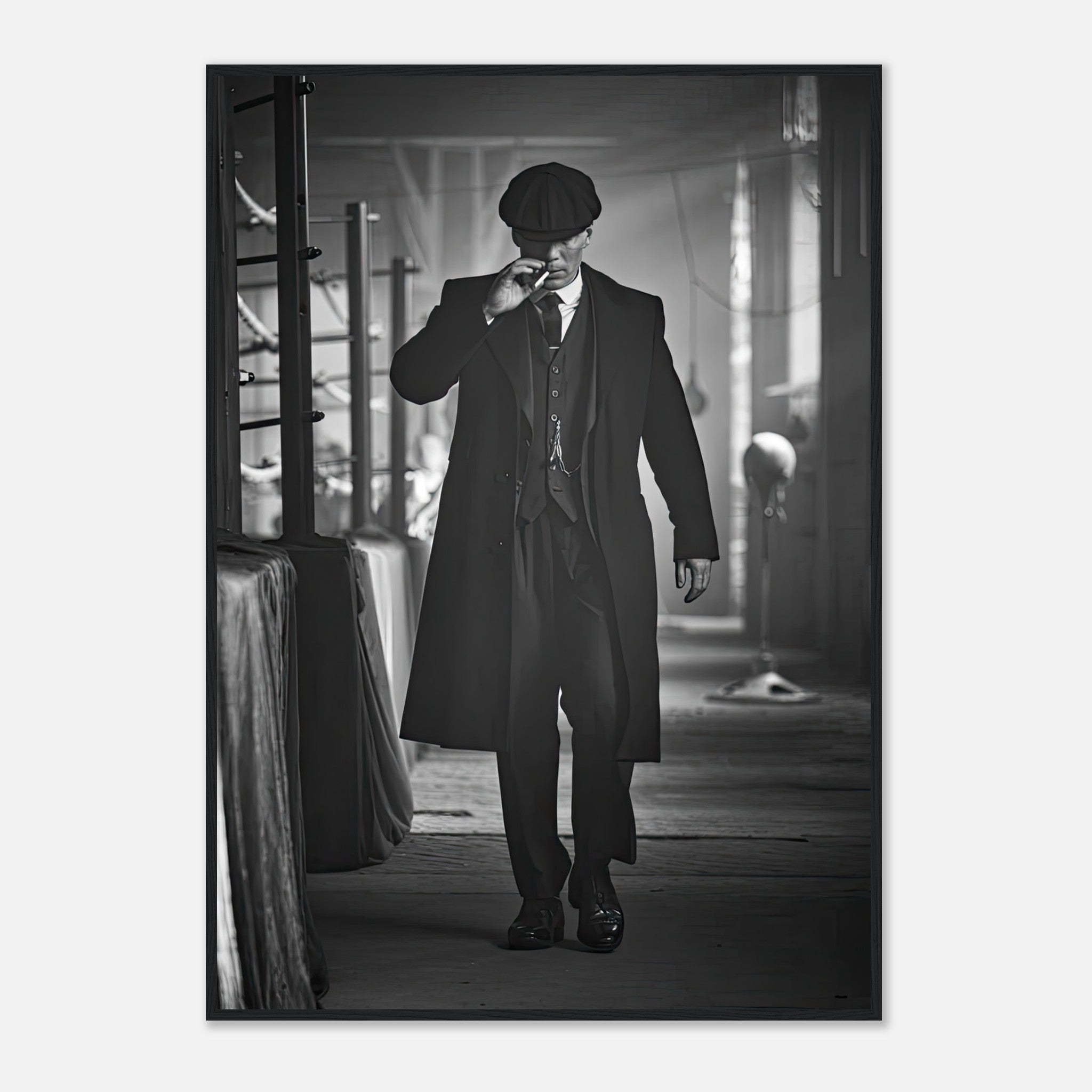 Tommy Shelby from Peaky Blinders in a black-and-white framed print, showcasing 1920s style and character charisma.