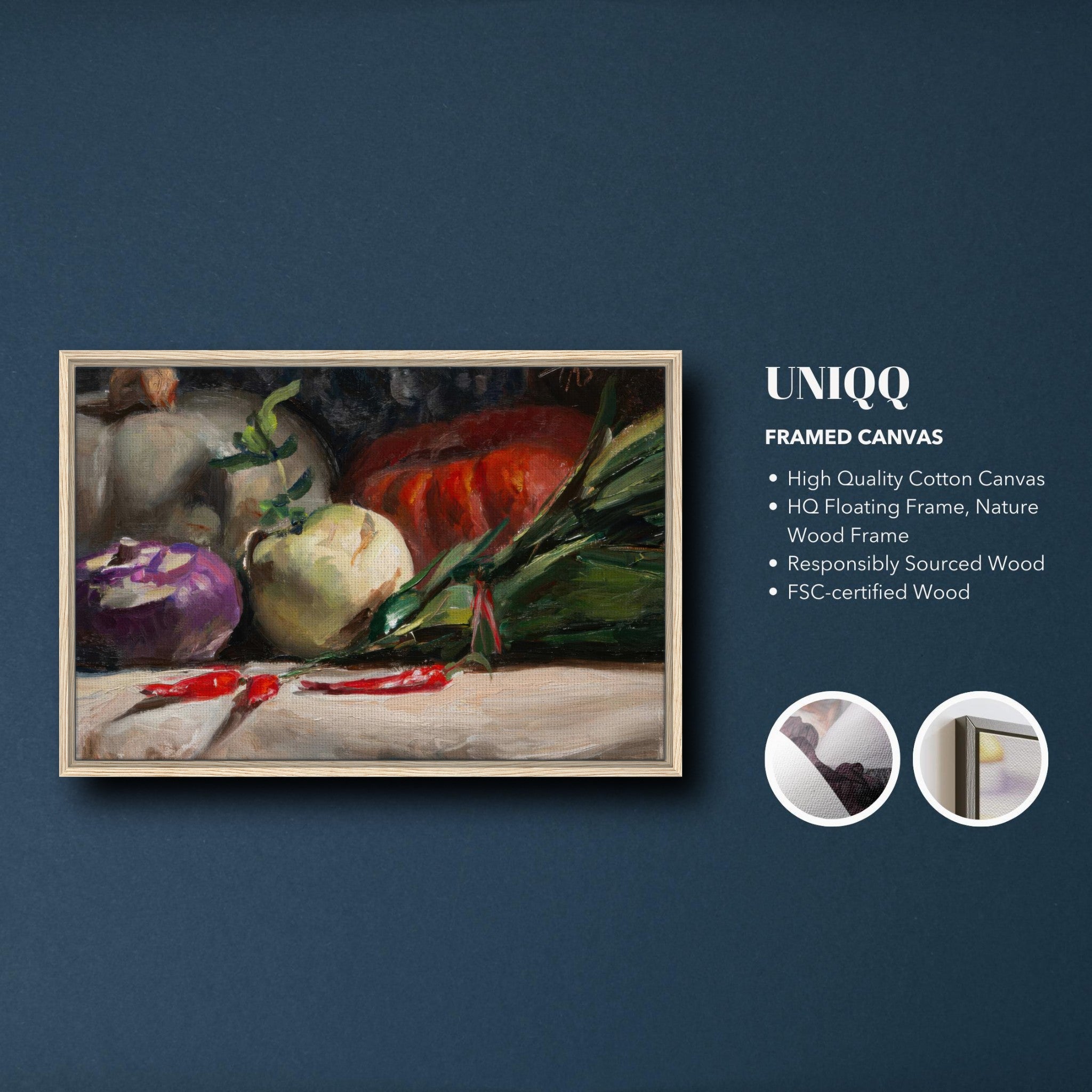 Framed canvas print featuring kohlrabi, pumpkins, and chilis, adding rustic charm to kitchens and dining spaces.