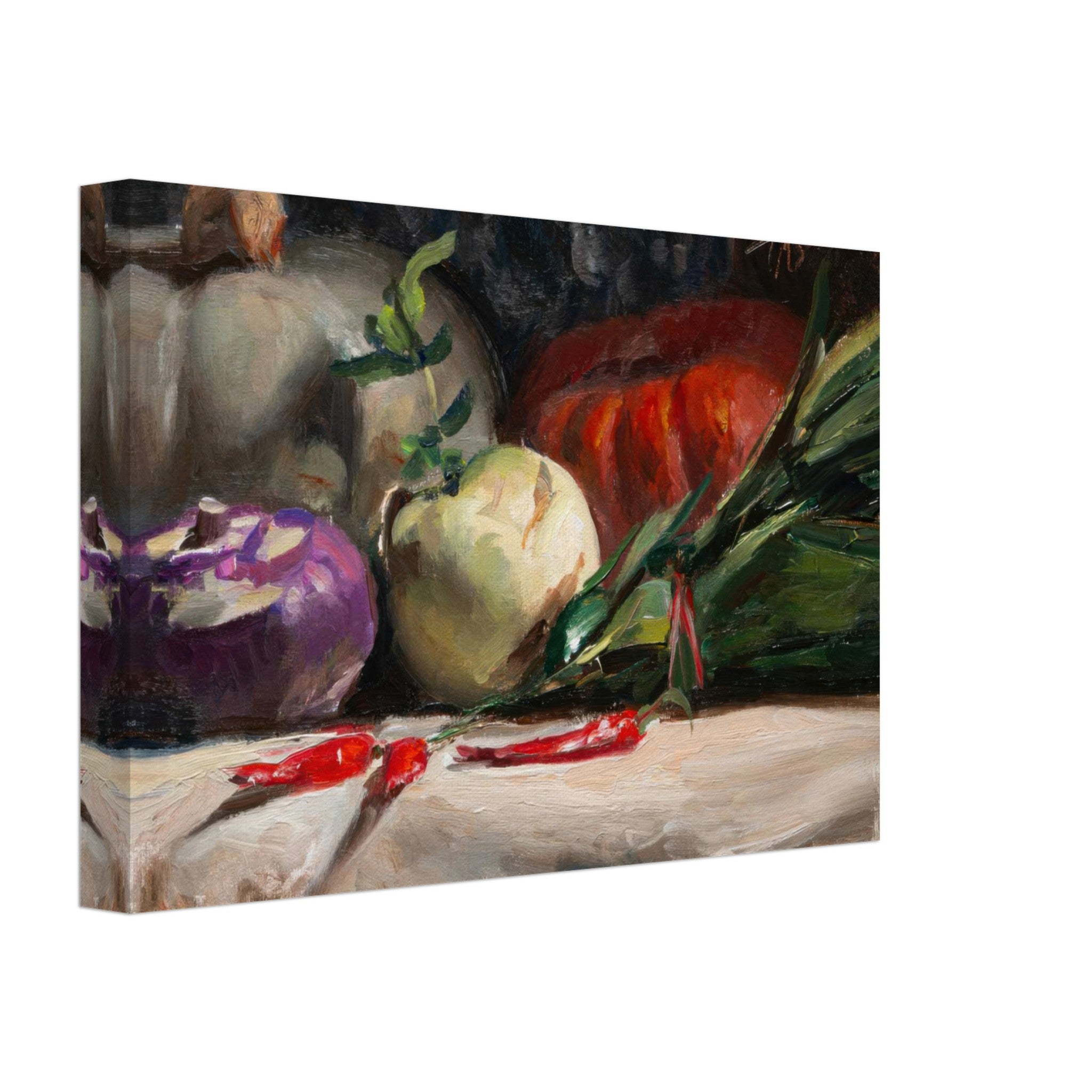 Kohlrabi, pumpkins, and red chilis canvas print showcasing a rustic still life for kitchen decor.