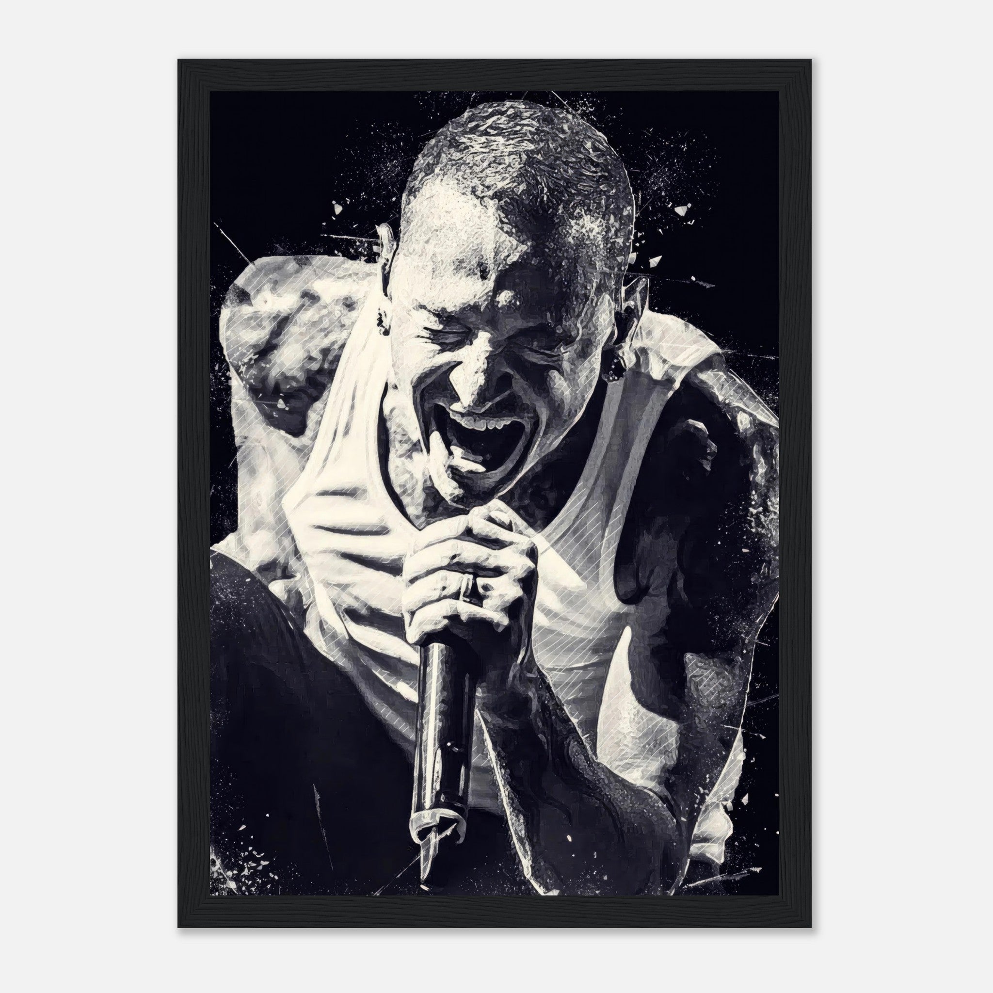 Chester Bennington framed print poster capturing his intense performance in black-and-white design.