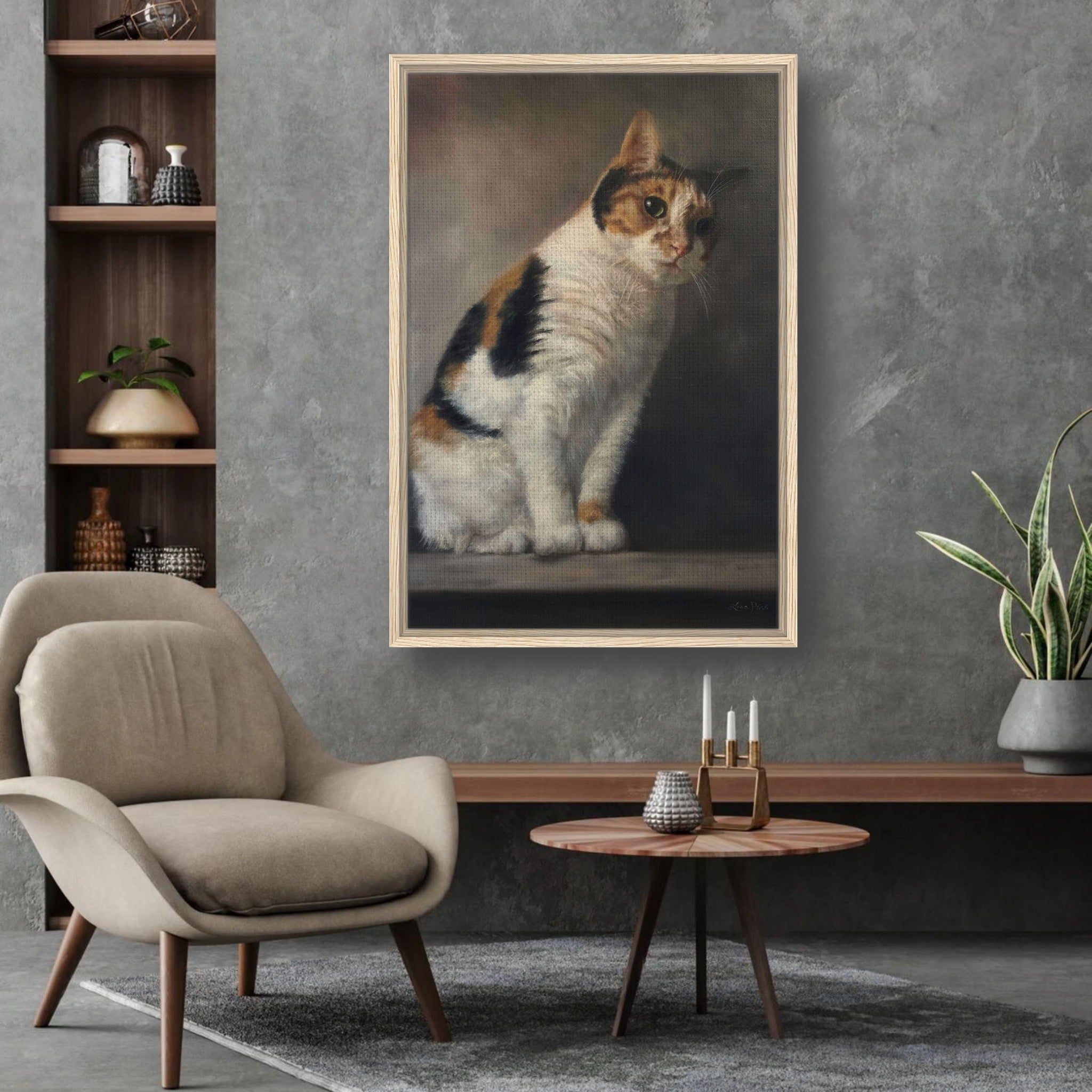 Realistic cat portrait painting framed print displayed in modern living room setting with stylish decor.
