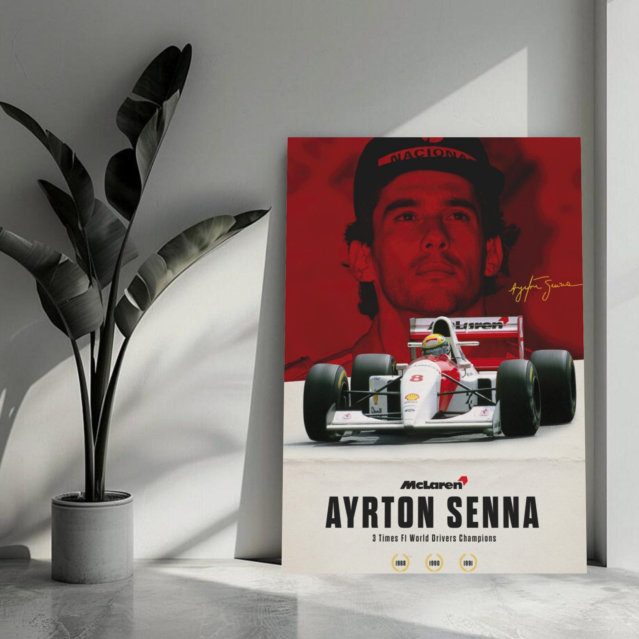 Ayrton Senna metal print featuring the iconic McLaren MP4/4 and vibrant red design, celebrating the legendary F1 champion.