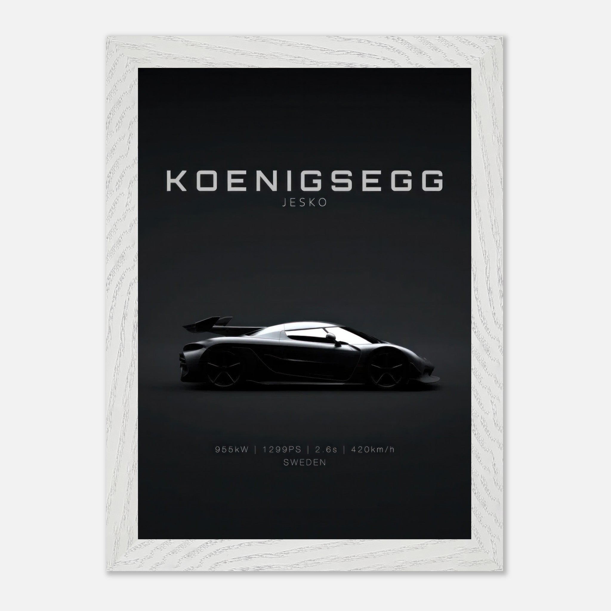 Koenigsegg Jesko vintage framed art showcasing the sleek hypercar profile on a minimalist black background.