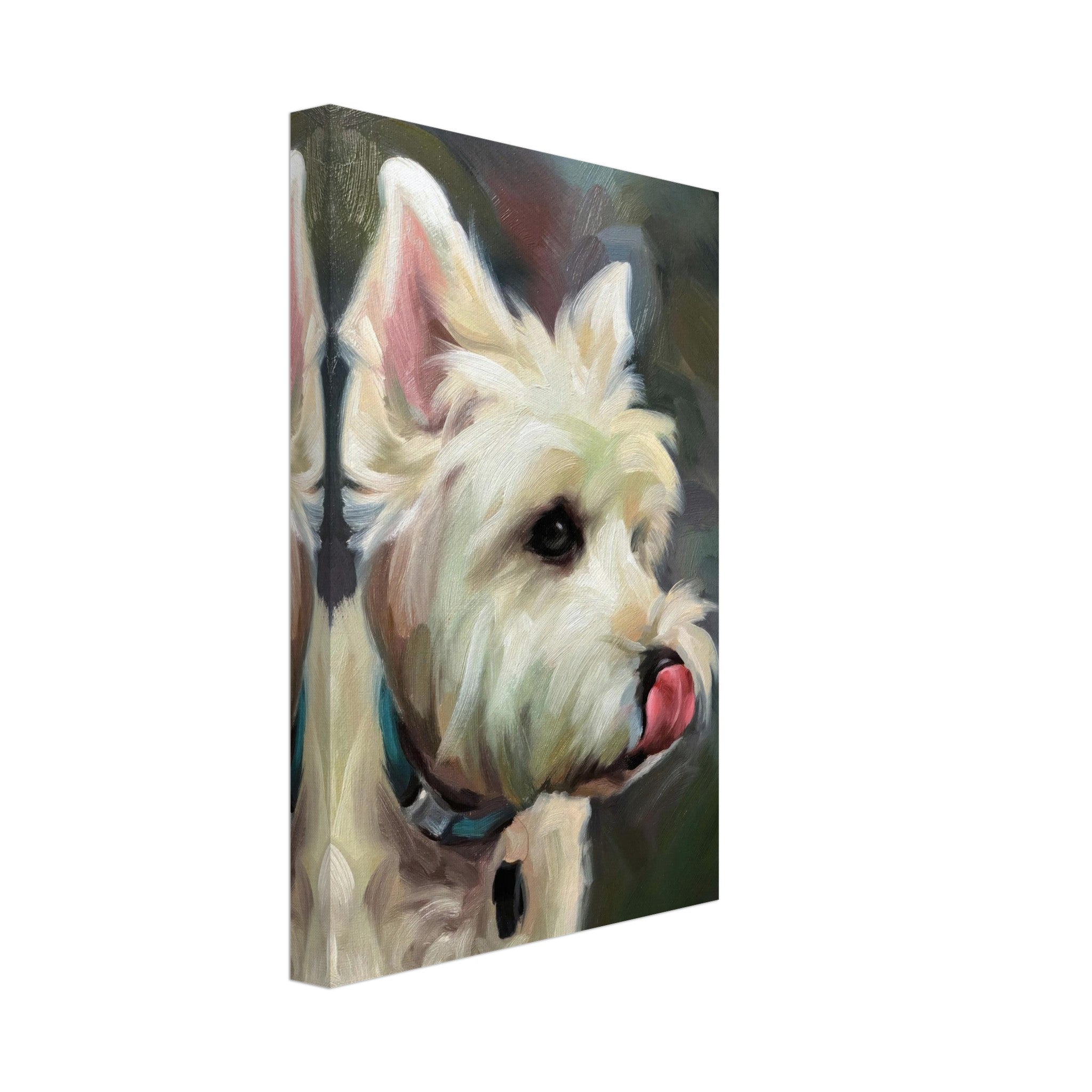 Westie Dog Painting canvas print showcasing a playful West Highland White Terrier with expressive eyes and tongue out.