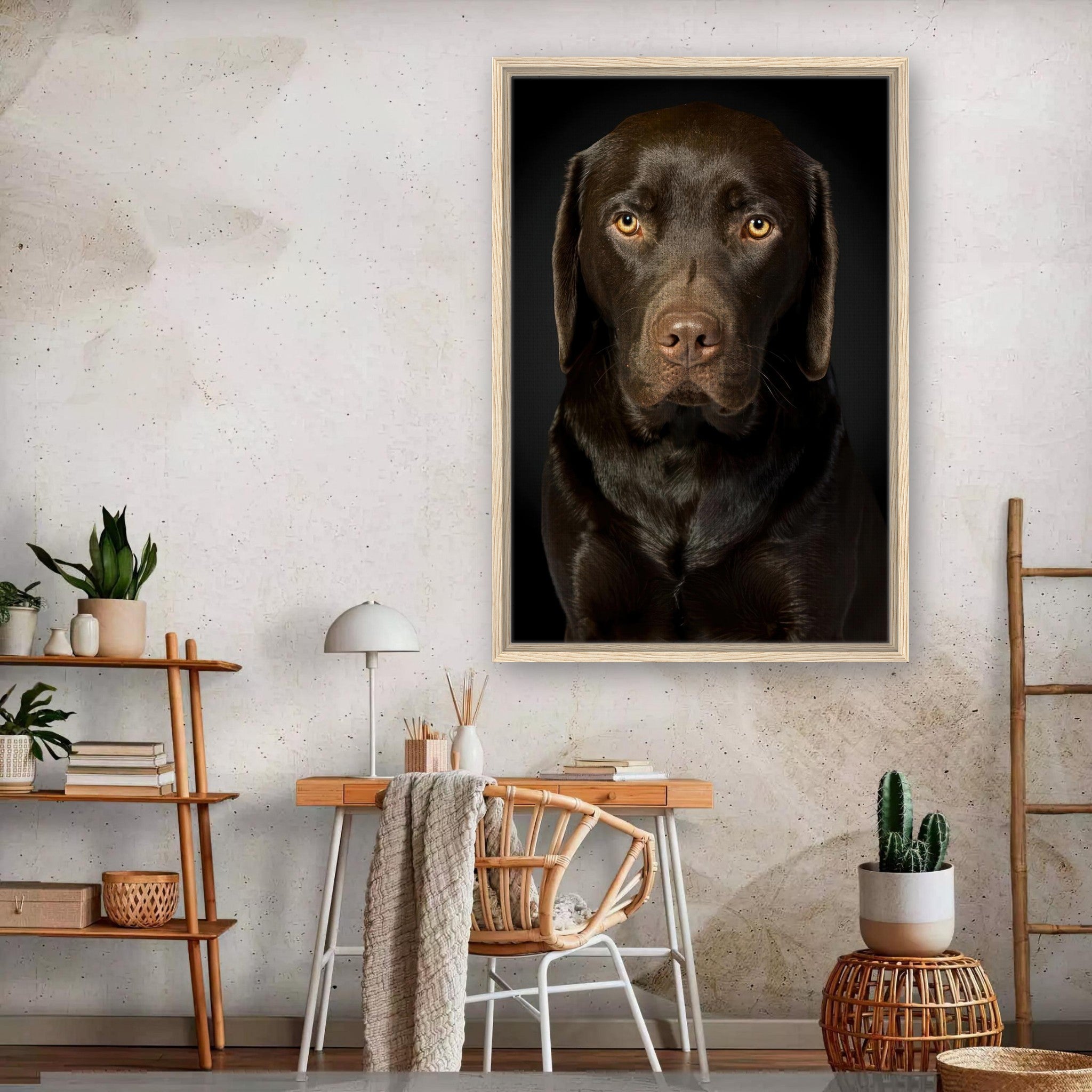 Framed canvas portrait of a Chocolate Labrador in a cozy home setting, showcasing its soulful expression.