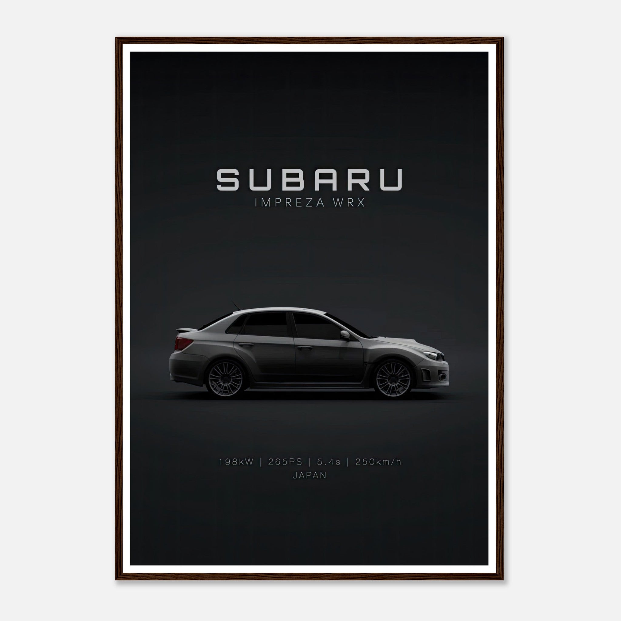 Framed poster of Subaru WRX showcasing sleek design and performance features against a dark background.