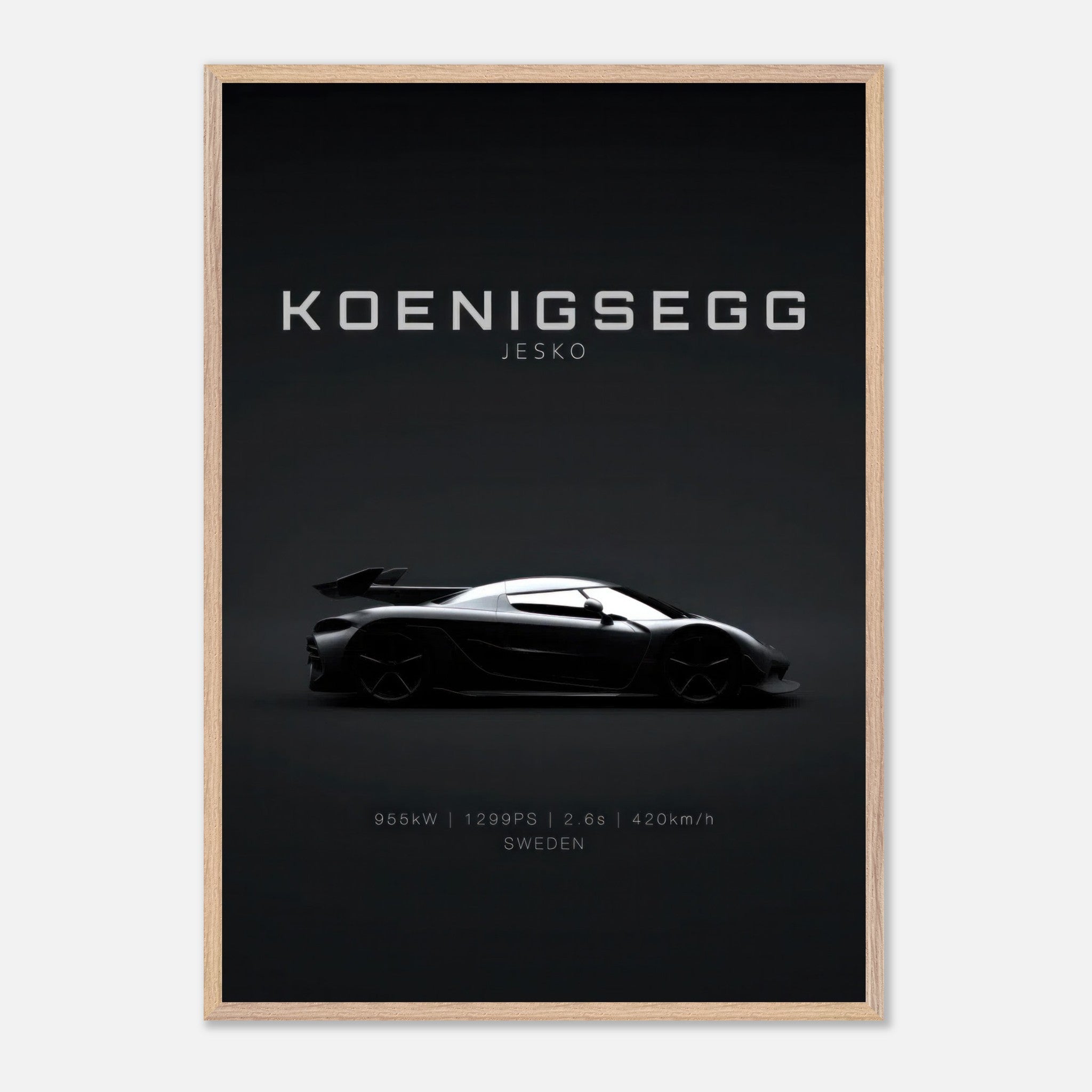 Koenigsegg Jesko vintage framed art featuring sleek car silhouette on minimalist black background.