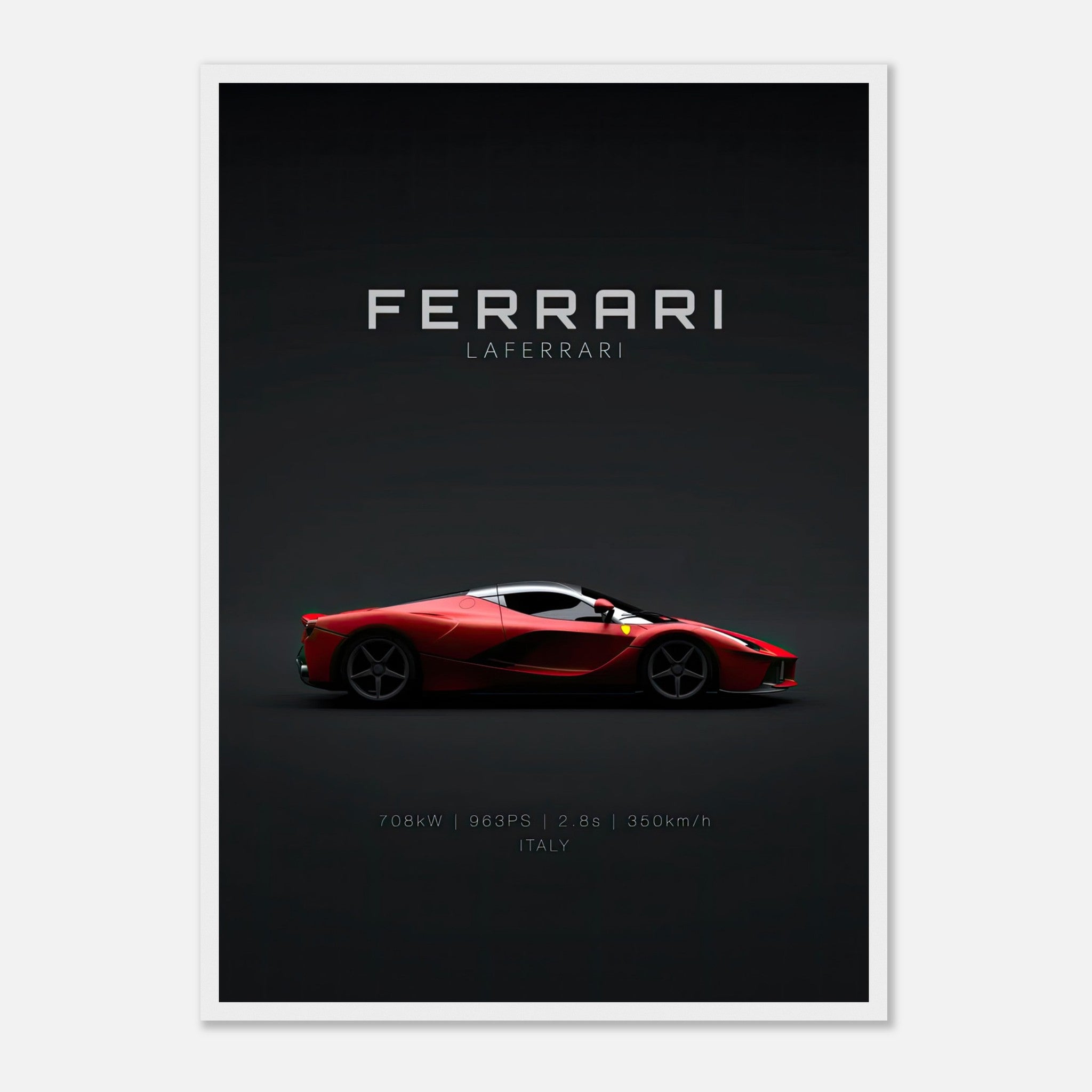 Ferrari Laferrari framed poster showcasing the iconic red hypercar against a dark background, perfect for car enthusiasts.