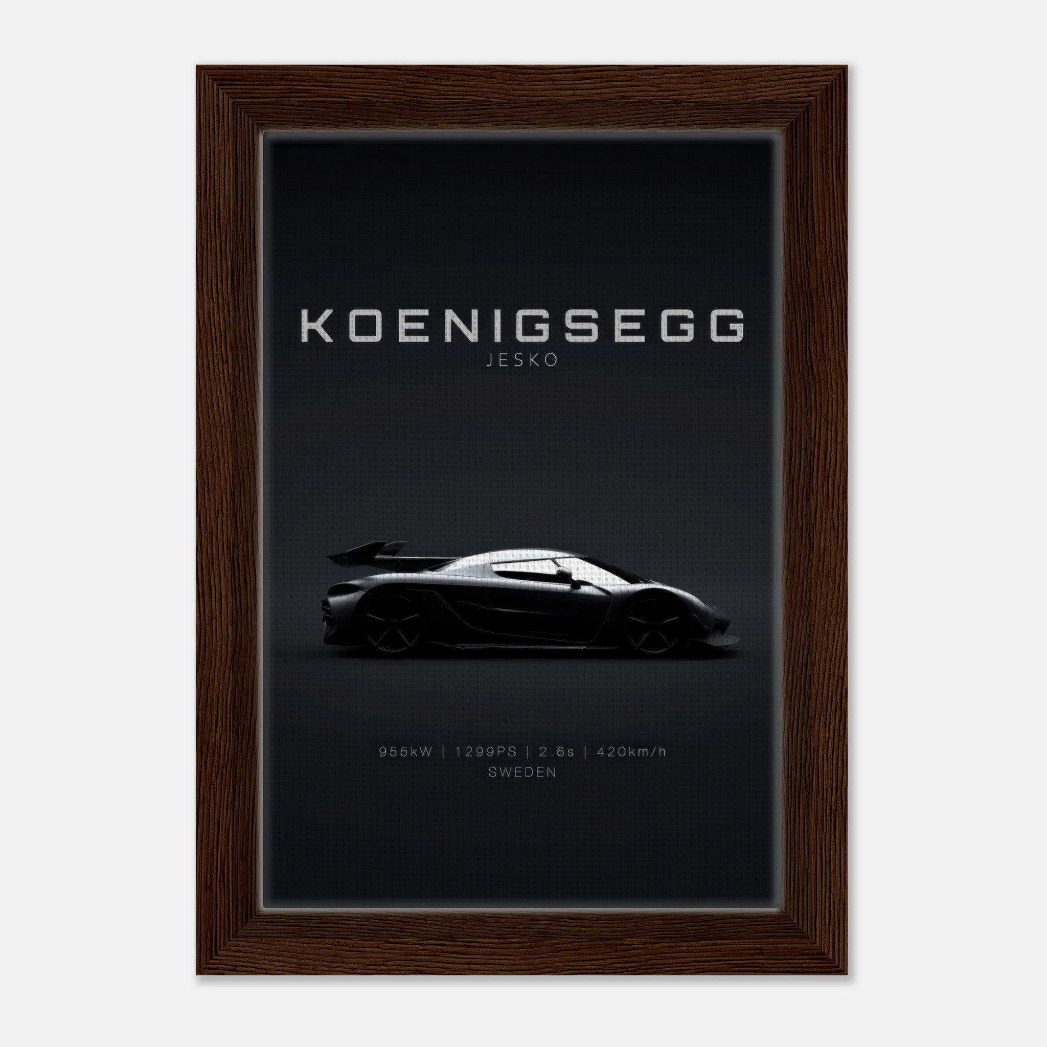 Koenigsegg Jesko framed canvas print showcasing the iconic hypercar silhouette on a minimalist black background.