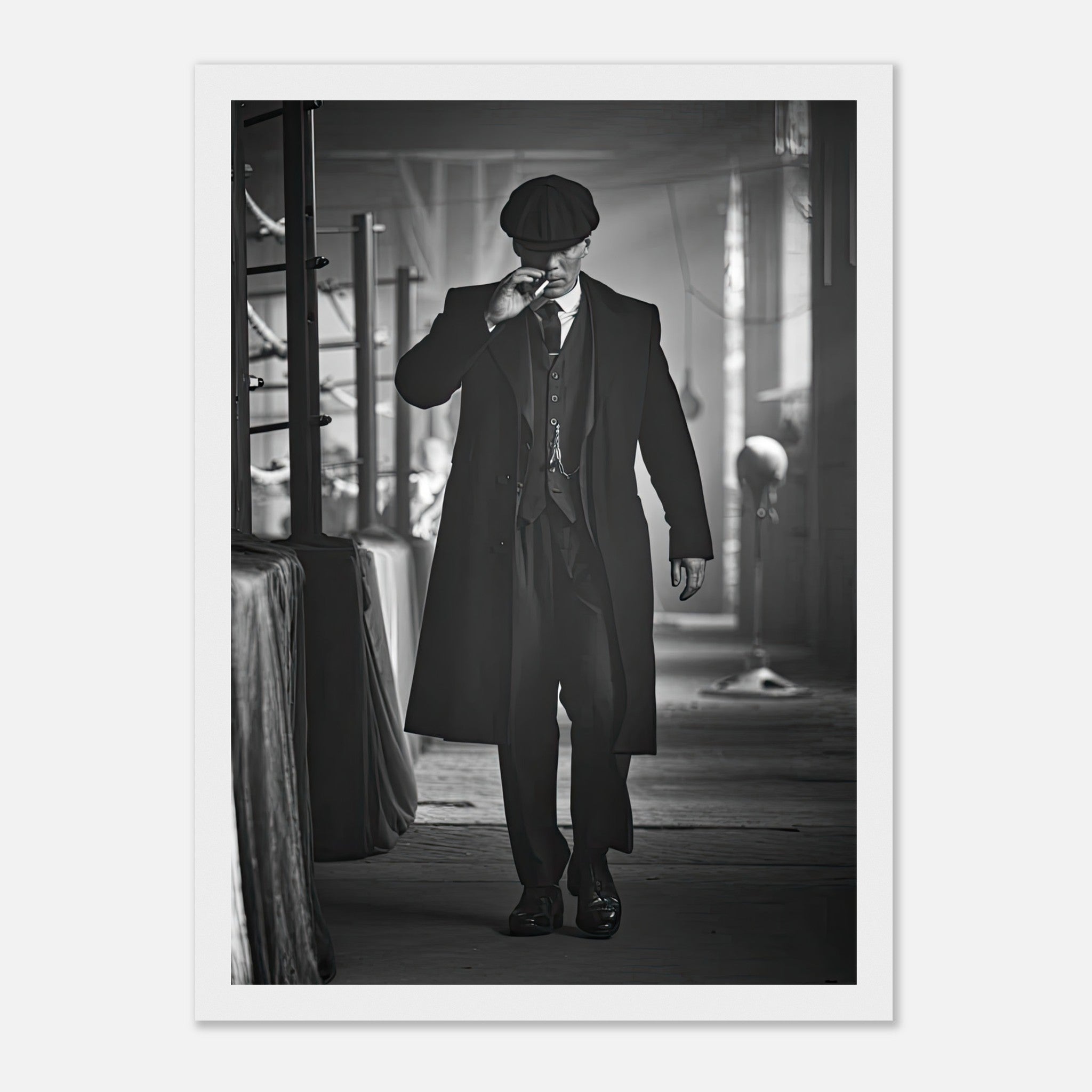 Tommy Shelby framed print in black and white, showcasing his iconic style from Peaky Blinders.