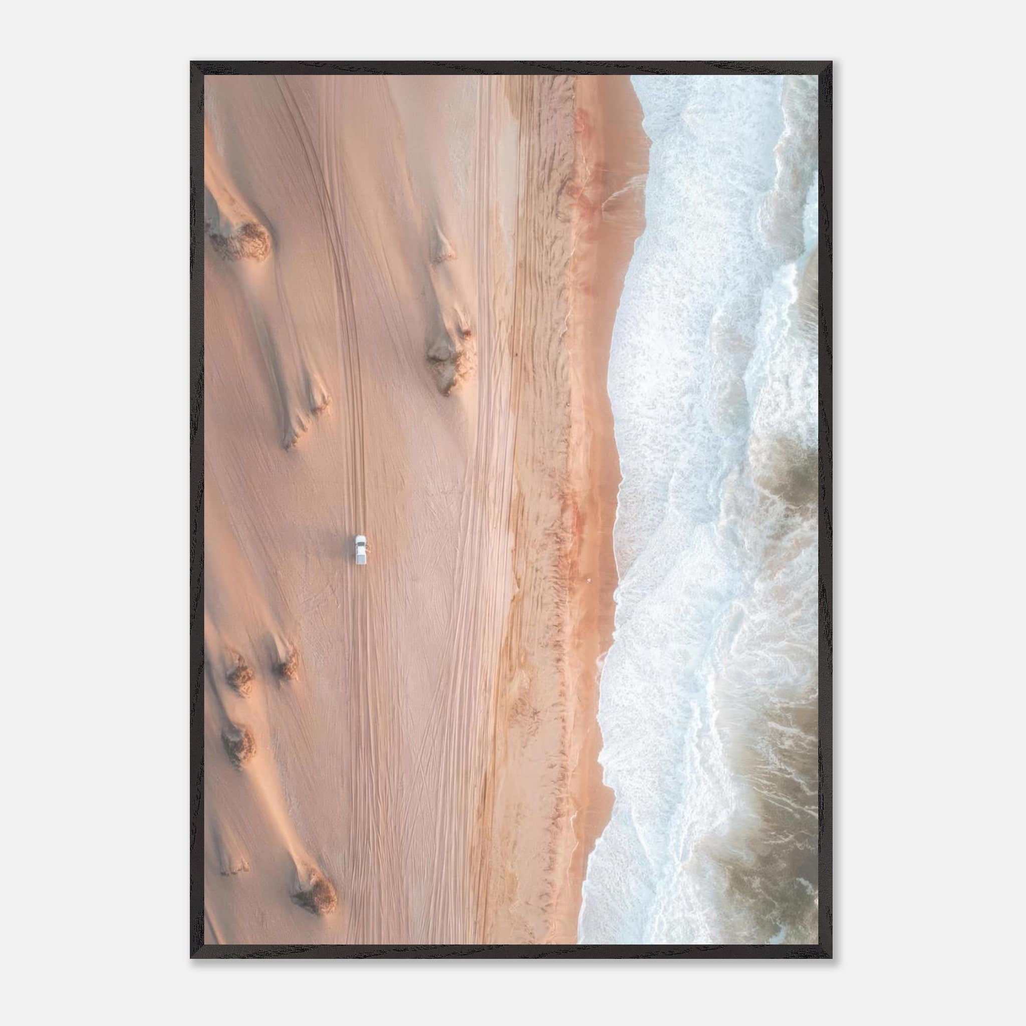 Drone photography of golden dunes meeting the ocean, showcasing stunning fine art landscapes.