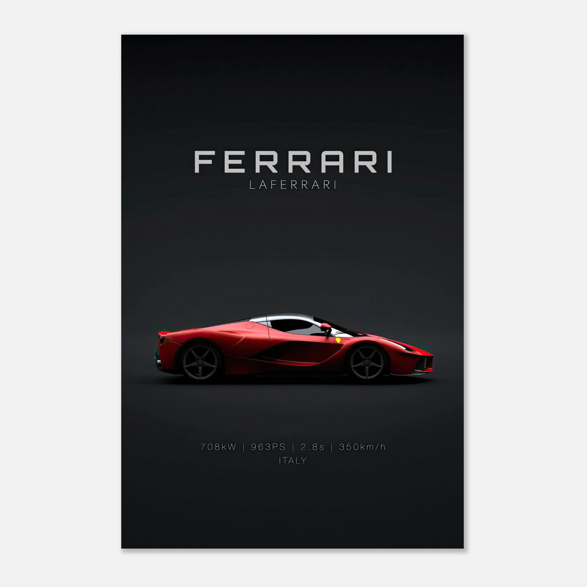 Ferrari Laferrari metal poster featuring a sleek red hypercar on a minimalist black background.