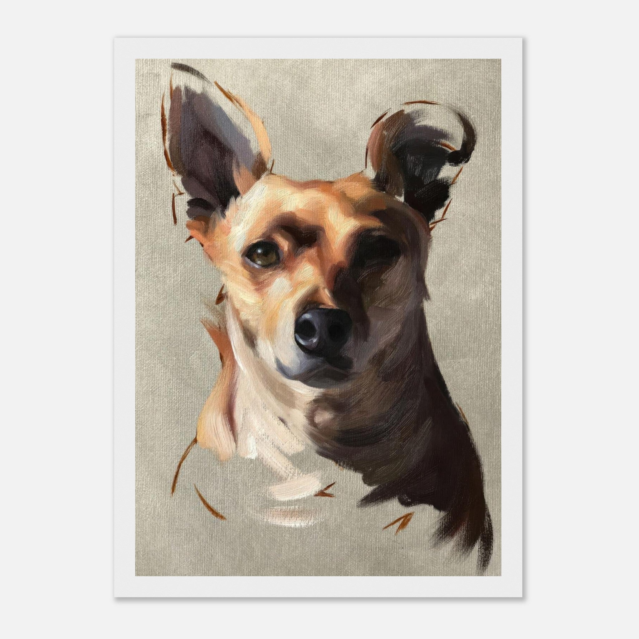 Chihuahua dog painting framed print showcasing vibrant brushstrokes and warm colors, highlighting the dog's playful personality.