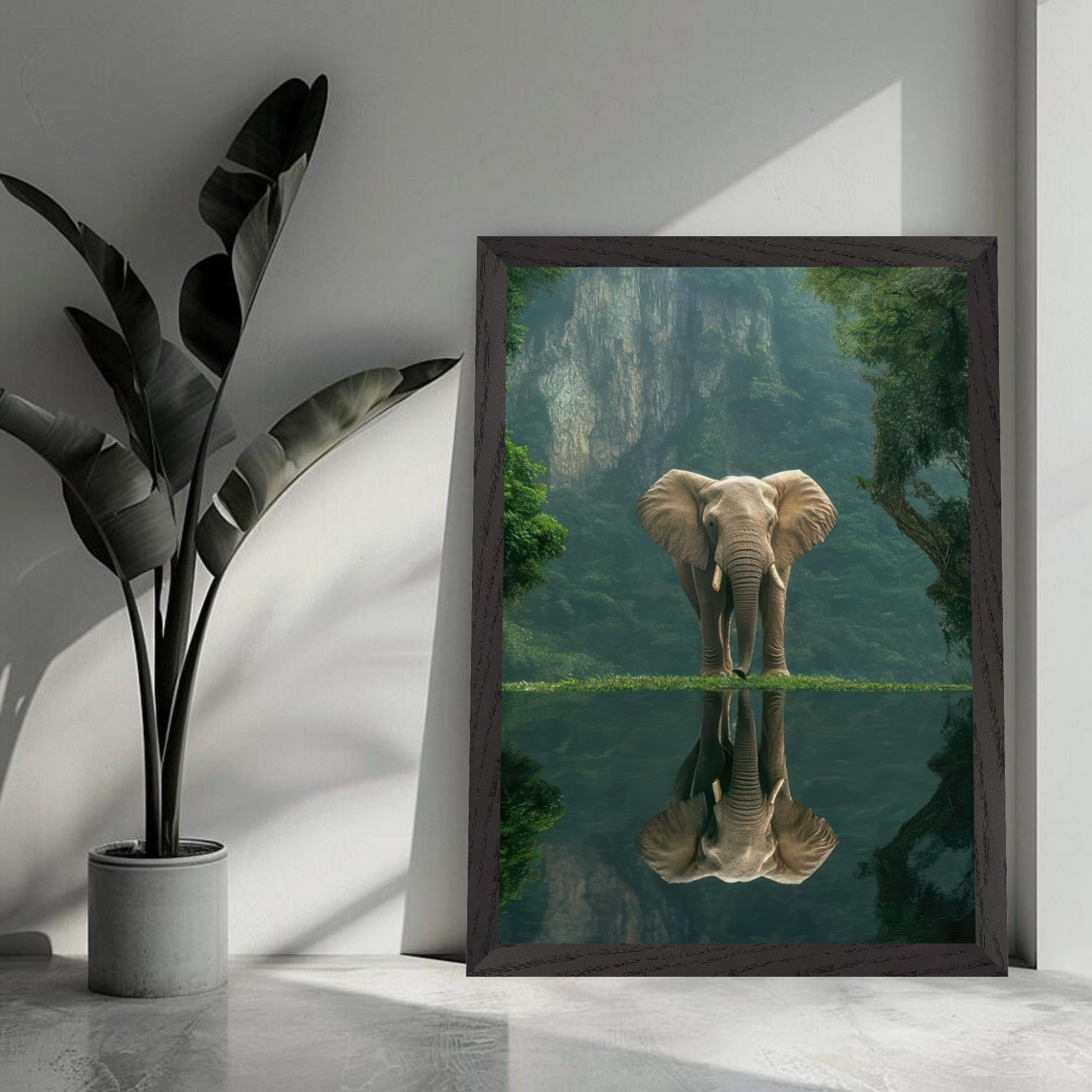 Jungle Elephant Portrait vintage framed print with serene forest backdrop and water reflection.