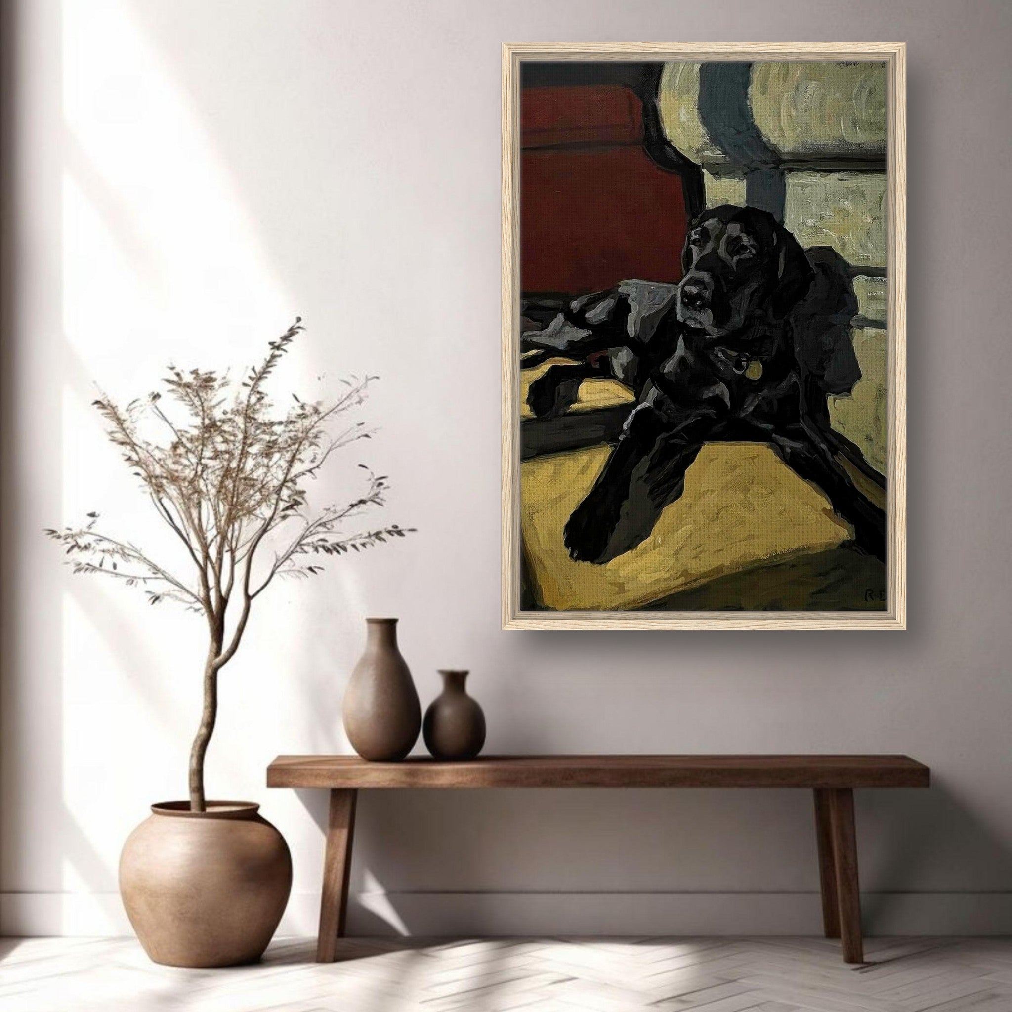 Framed canvas print of a black Labrador dog lounging in a cozy room, showcasing rich colors and expressive brushstrokes.