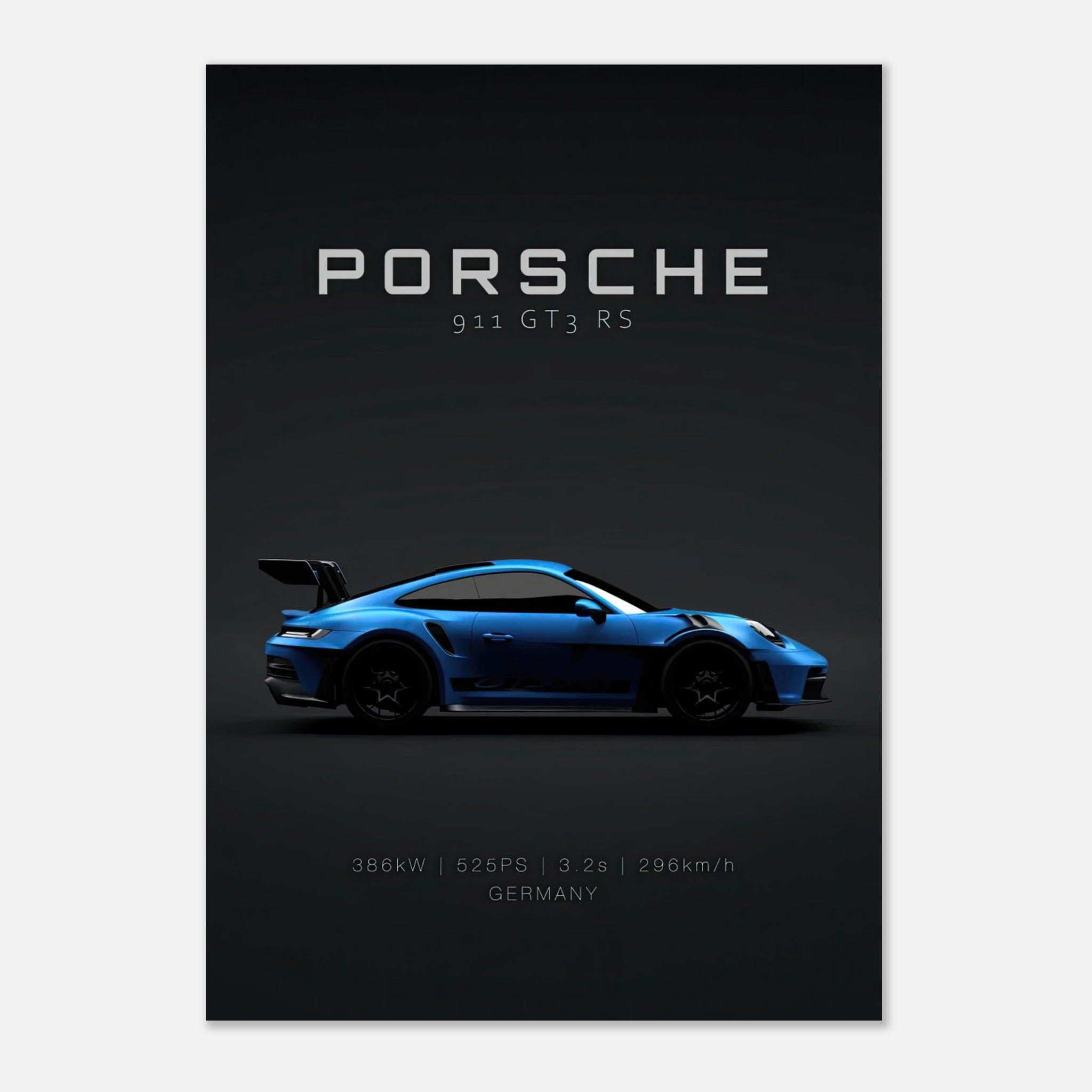 Porsche 911 GT3 RS poster featuring a vibrant blue sports car on a minimalist black background.