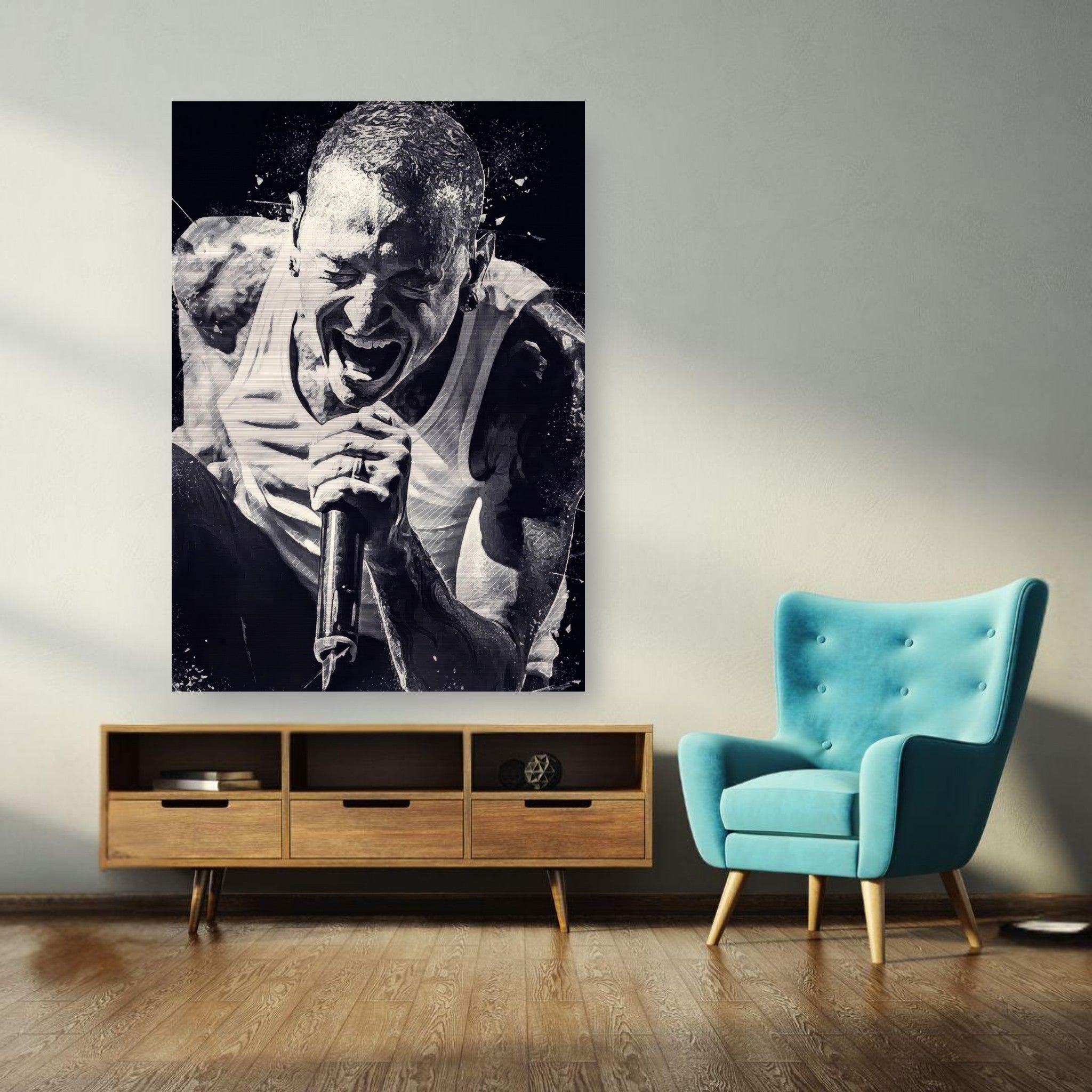 Chester Bennington brushed metal print showcasing powerful performance in black-and-white decor.
