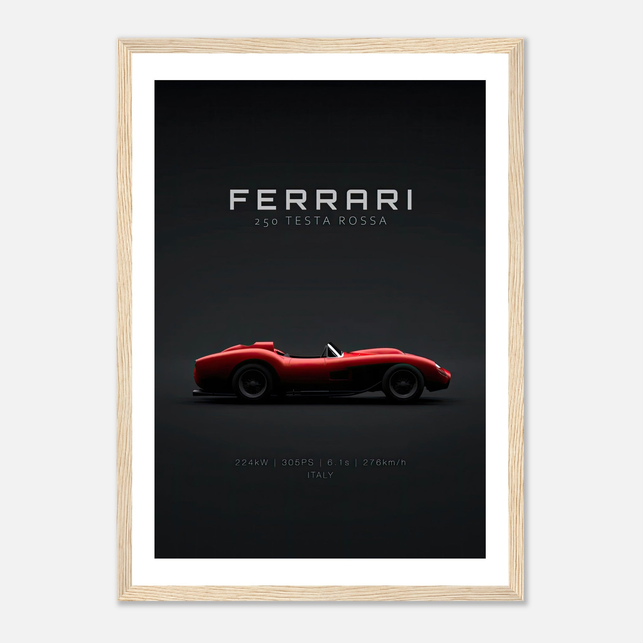 Ferrari 250 Testa Rossa framed poster showcasing sleek side profile on black background.