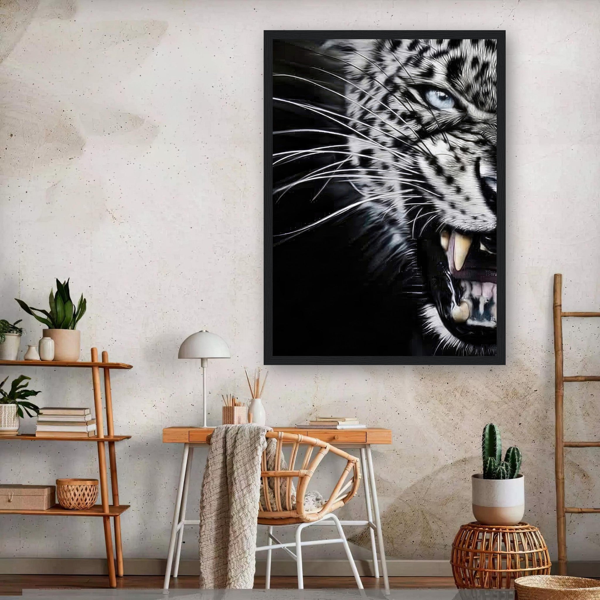 Close-up portrait of a fierce leopard framed print, showcasing blue eyes and sharp fangs in a stylish interior setting.