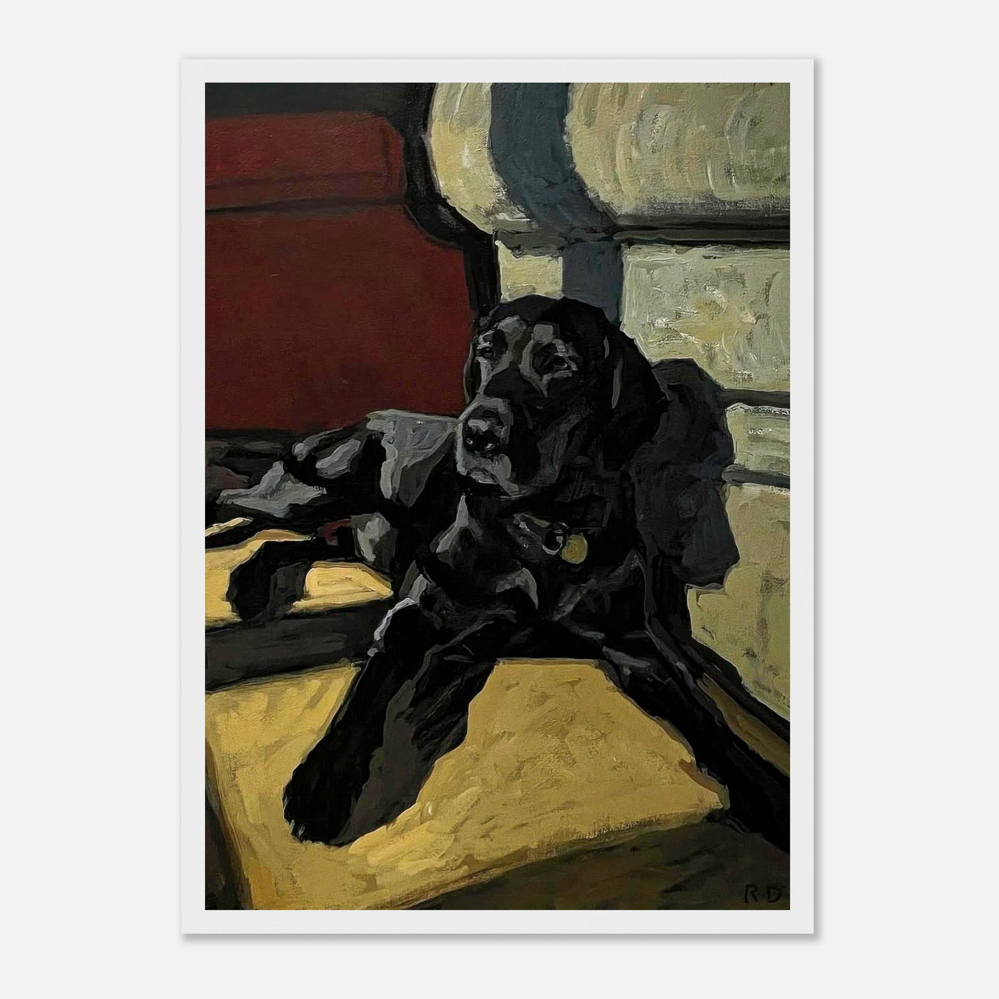 Black Labrador dog painting framed print showcasing a relaxed black Labrador in a cozy setting with earthy tones.