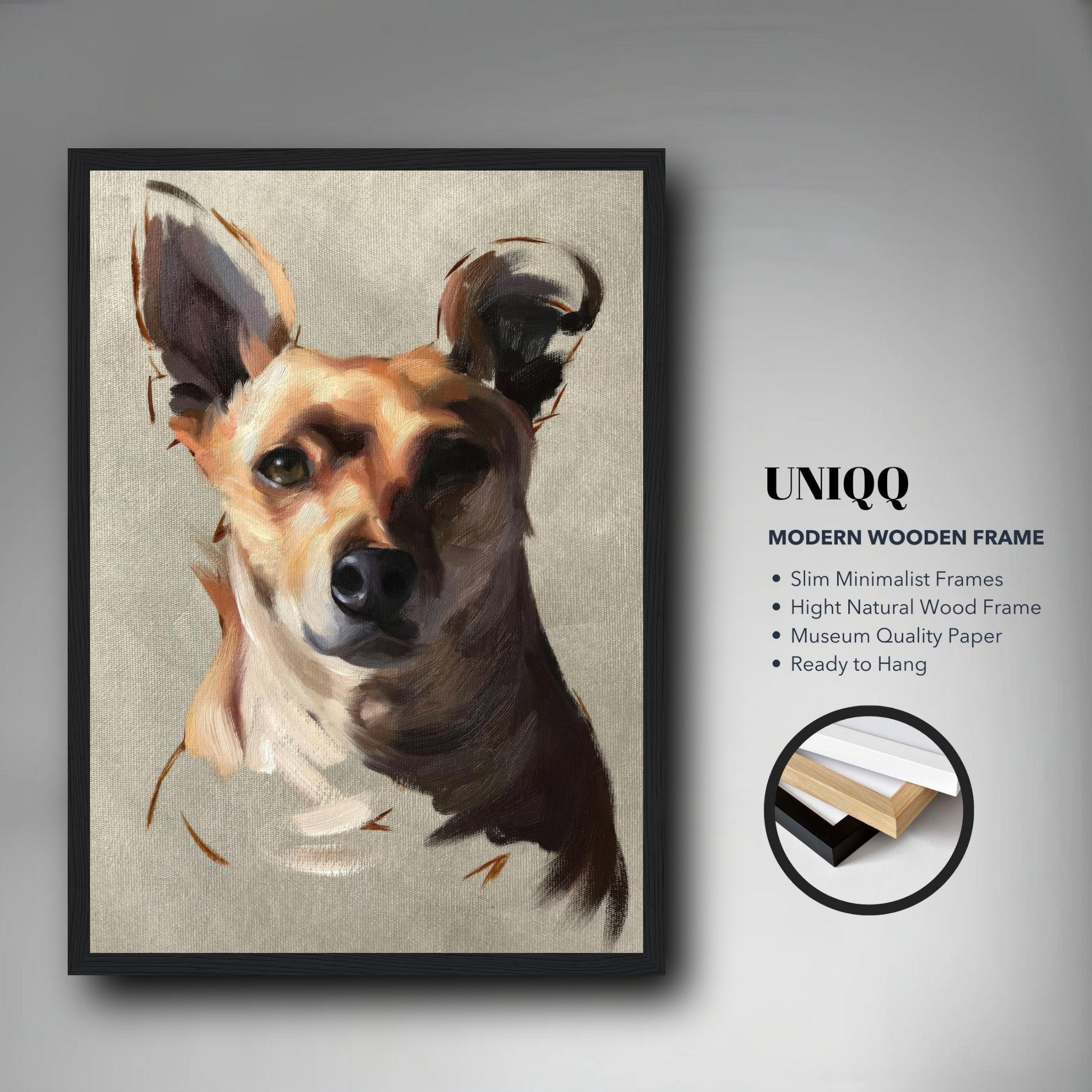 Framed painting of a charming Chihuahua dog in a modern wooden frame with a neutral background.